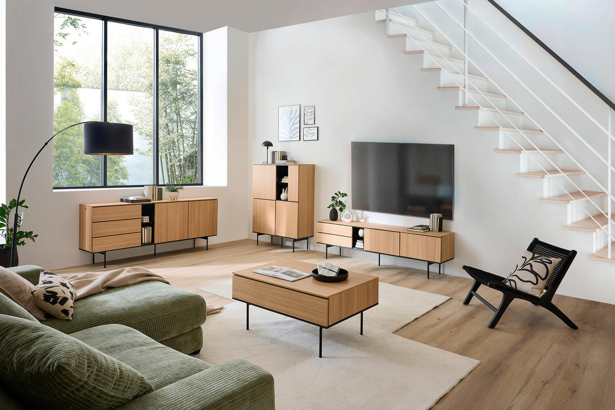 HIGHBOARD Schwarz, Eichefarben  106/141/41 cm  - Eichefarben/Schwarz, Basics, Glas/Holzwerkstoff (106/141/41cm) - Hom`in