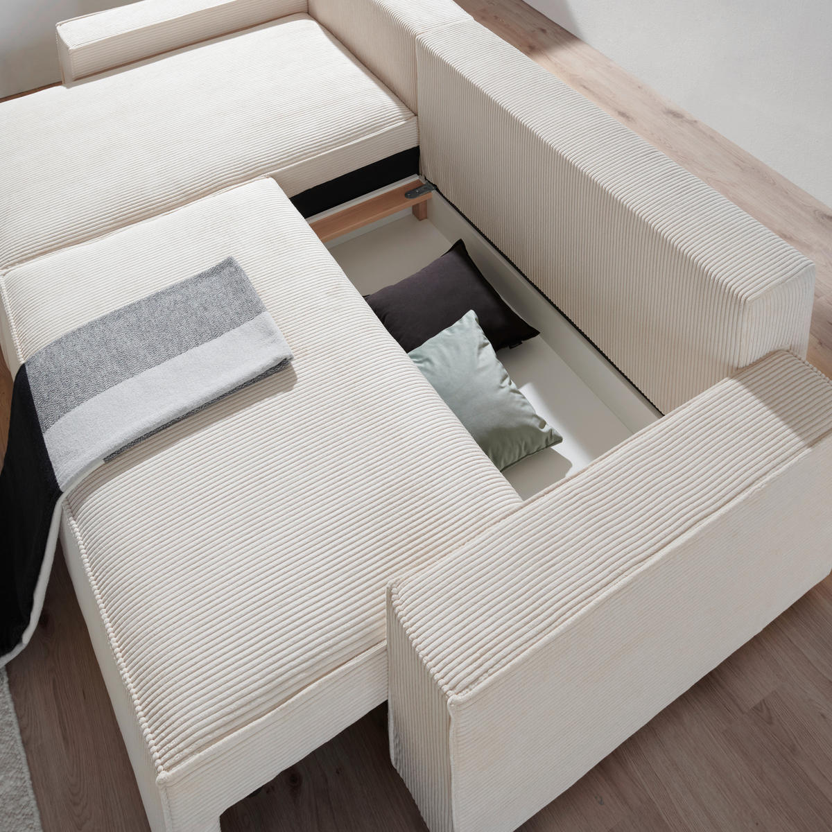 ECKSOFA in Cord Creme  - Creme/Schwarz, Modern, Holz/Textil (157/265cm) - Carryhome