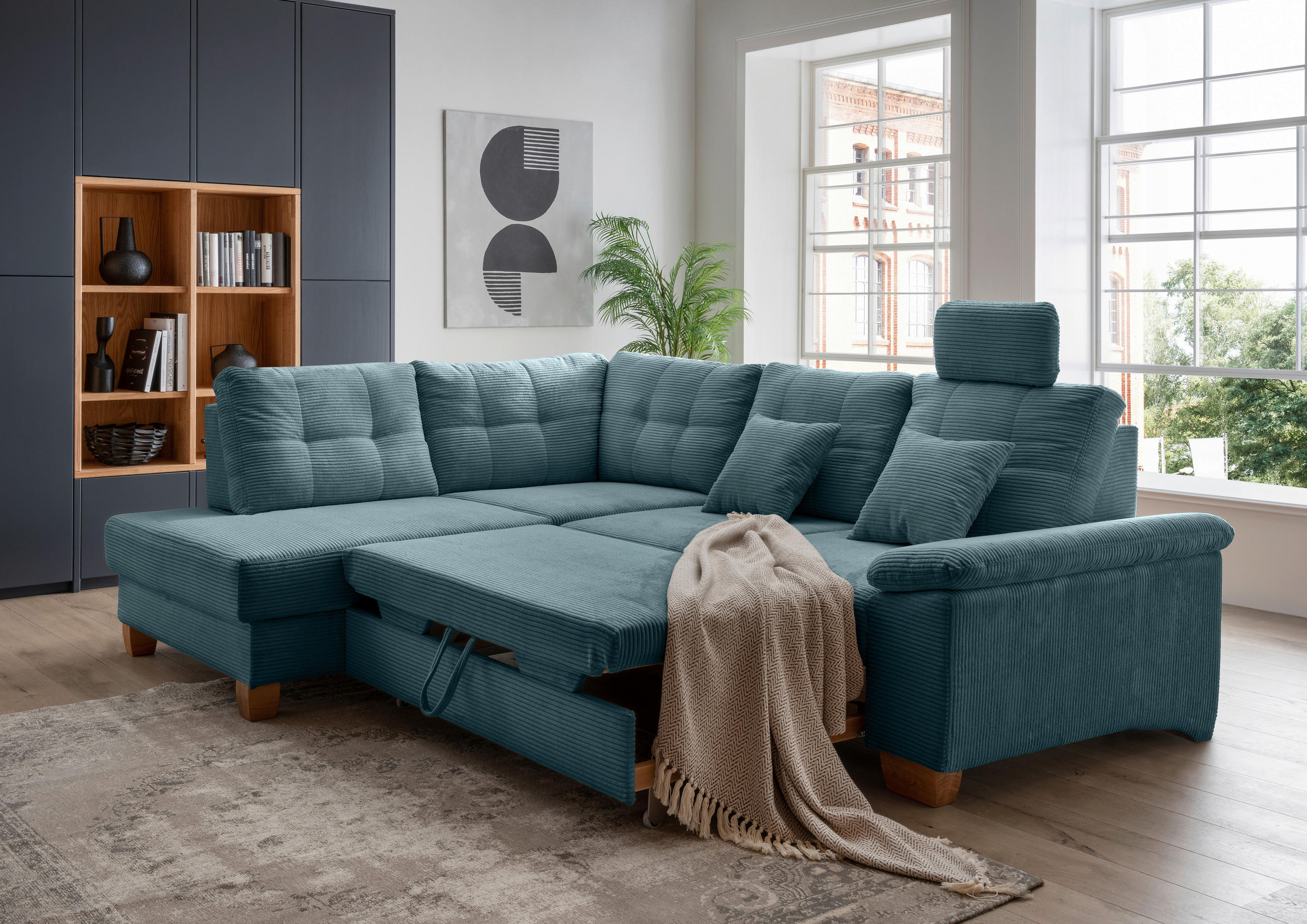 ECKSOFA in Cord Petrol  - Petrol/Naturfarben, Modern, Holz/Textil (206/274cm) - Livetastic