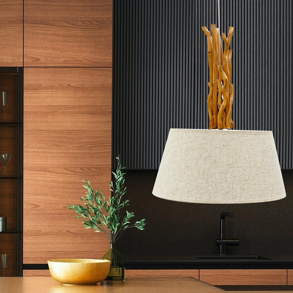 HÄNGELEUCHTE 45/110 cm  - Hellbraun/Weiß, Natur, Holz/Textil (45/110cm)