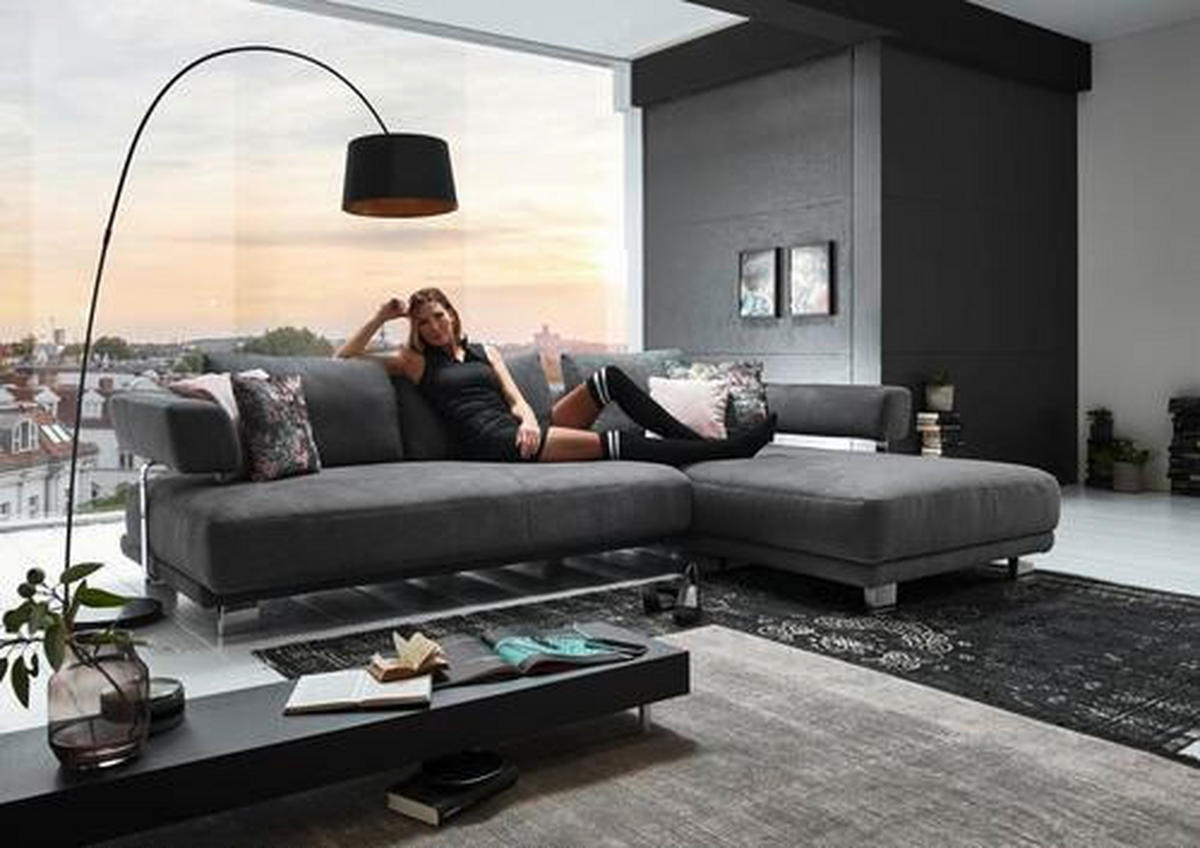 ECKSOFA in Chenille Grau  - Chromfarben/Grau, Natur, Textil/Metall (214/297cm) - Valdera
