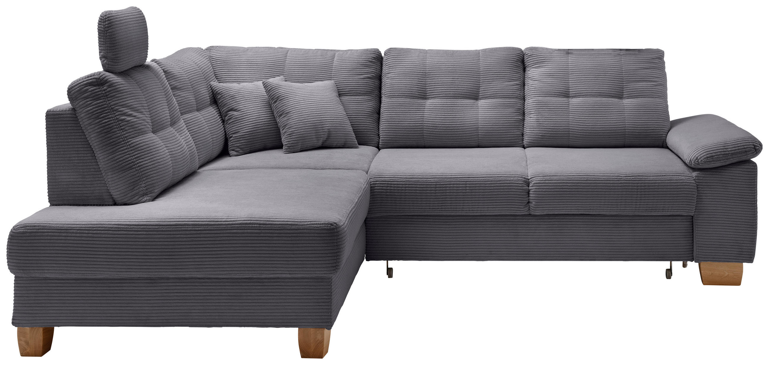 ECKSOFA Grau Cord Sitztiefenverstellung, Kopfstütze, Liegefläche im Originalstoff, Bettkasten, Schlaffunktion  - Naturfarben/Grau, MODERN, Holz/Textil (206/274cm) - Livetastic