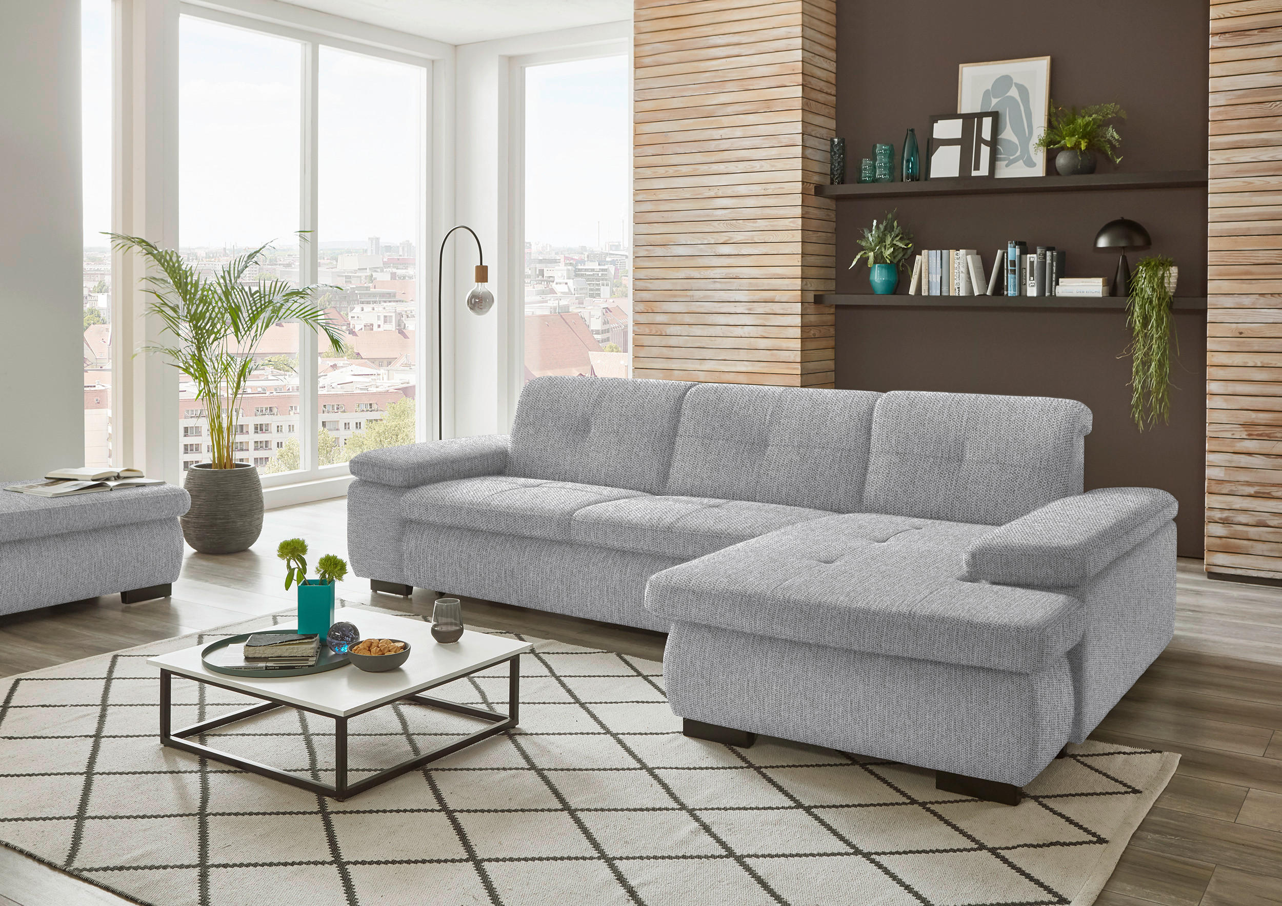 ECKSOFA in Flachgewebe Greige  - Greige/Schwarz, Design, Textil/Metall (297/174cm) - Beldomo Style
