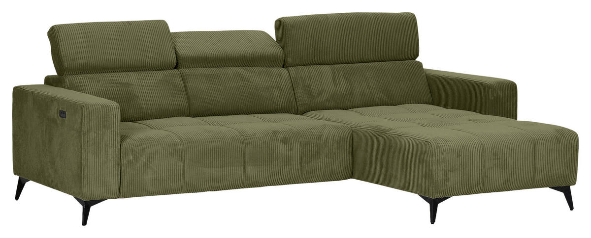 ECKSOFA Dunkelgrün Cord Rücken echt, Kopfteilverstellung, Sitzvorzug  - Dunkelgrün/Schwarz, KONVENTIONELL, Textil/Metall (257/170cm) - Carryhome