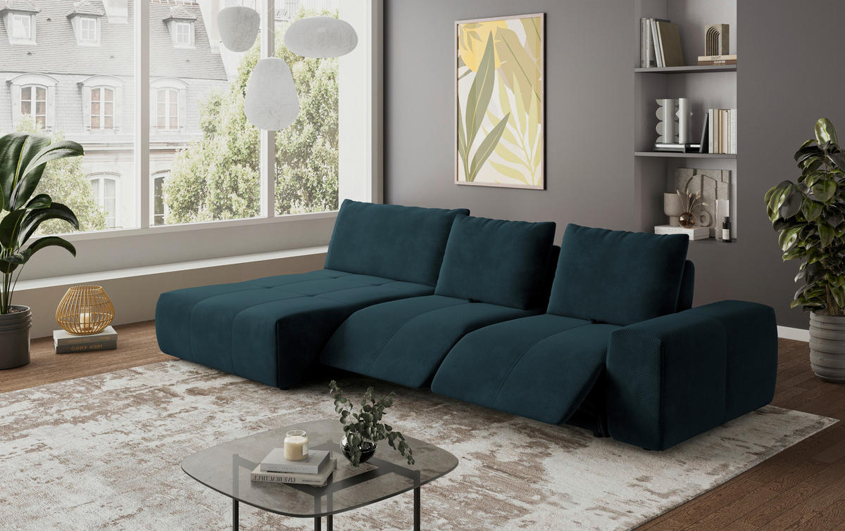 ECKSOFA in Velours Dunkelblau  174/347 cm  - Schwarz/Dunkelblau, Design, Kunststoff/Textil (174/347cm) - Xora
