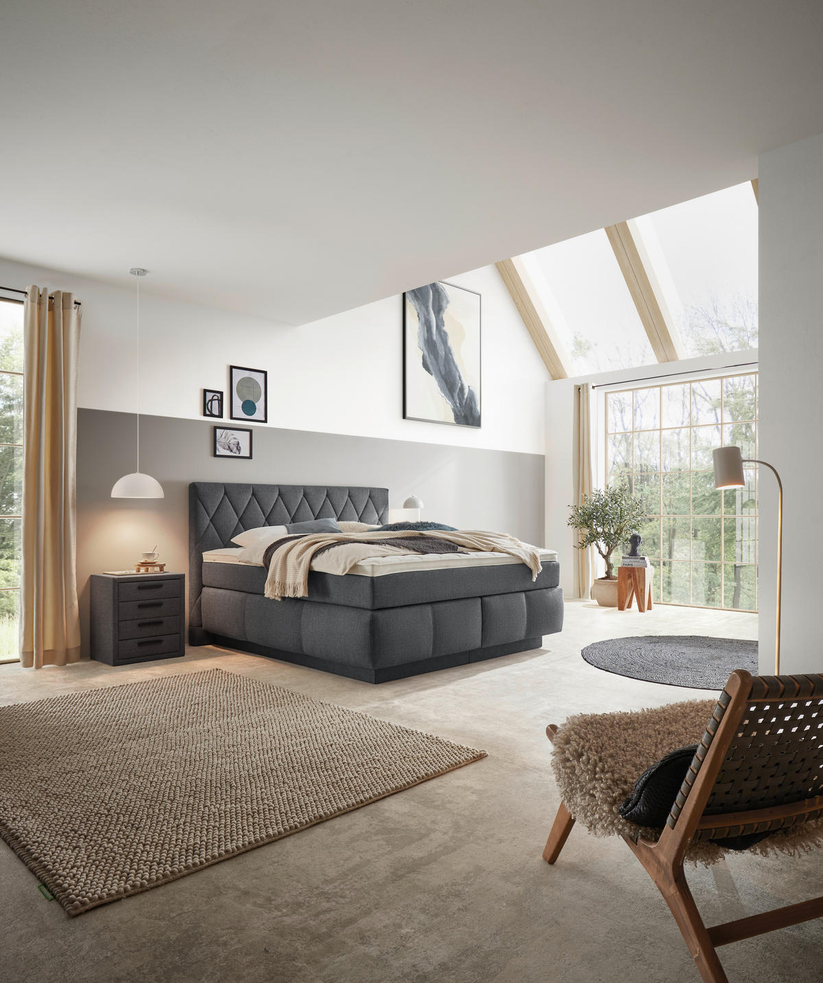 BOXSPRINGBETT 180/200 cm,  in Dunkelblau, Matratze, Topper, unterschiedliche Matratzenhärtegrade je Bettseite, H2 + H3 = mittel + fest  - Schwarz/Dunkelblau, KONVENTIONELL, Holz/Kunststoff (180/200cm) - Voleo