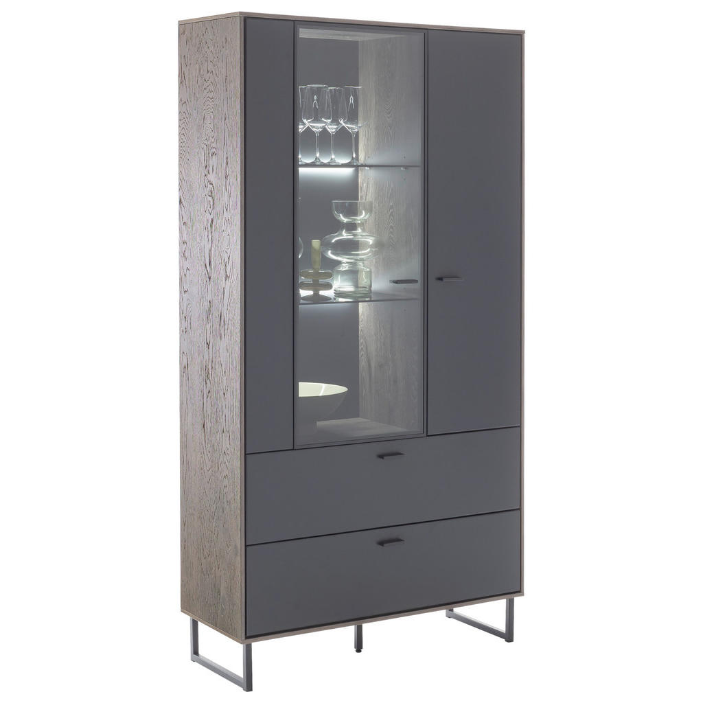 Thumbnail - Mid.you Vitrine, Schwarz, Eiche, Glas, Holzwerkstoff, Eiche, furniert, 4 Fächer, 2 Schubladen, 98x185x37 cm, Made in EU,...