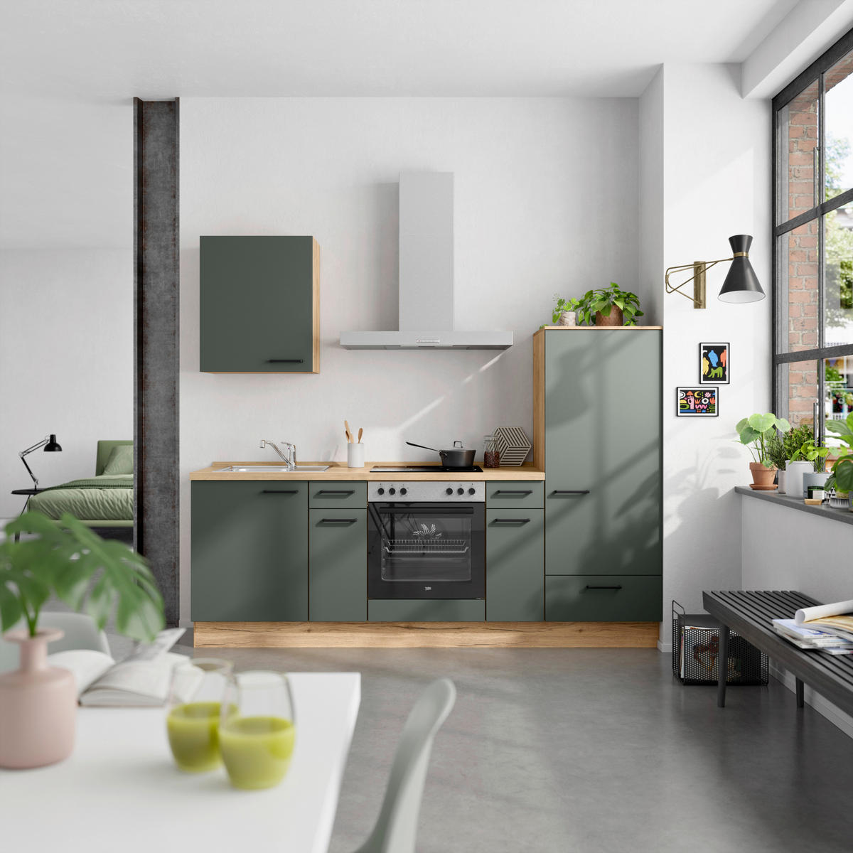 KÜCHENBLOCK 240 cm   in Eichefarben, Dunkelgrün  - Dunkelgrün/Eichefarben, MODERN, Holzwerkstoff/Metall (240cm) - Nobilia