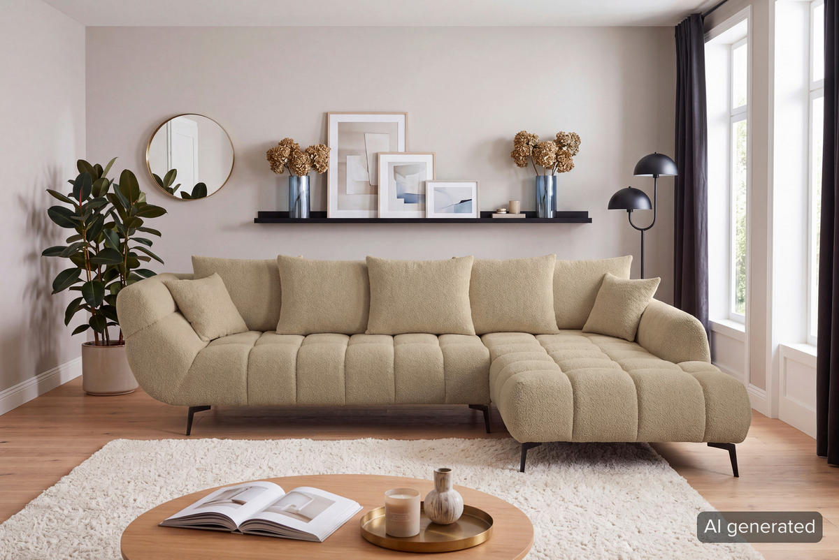 ECKSOFA 318/217 cm  in Bouclé Taupe Zierkissen, Rückenkissen, Rücken echt  318/217 cm  - Taupe/Schwarz, MODERN, Textil/Metall (318/217cm) - Carryhome
