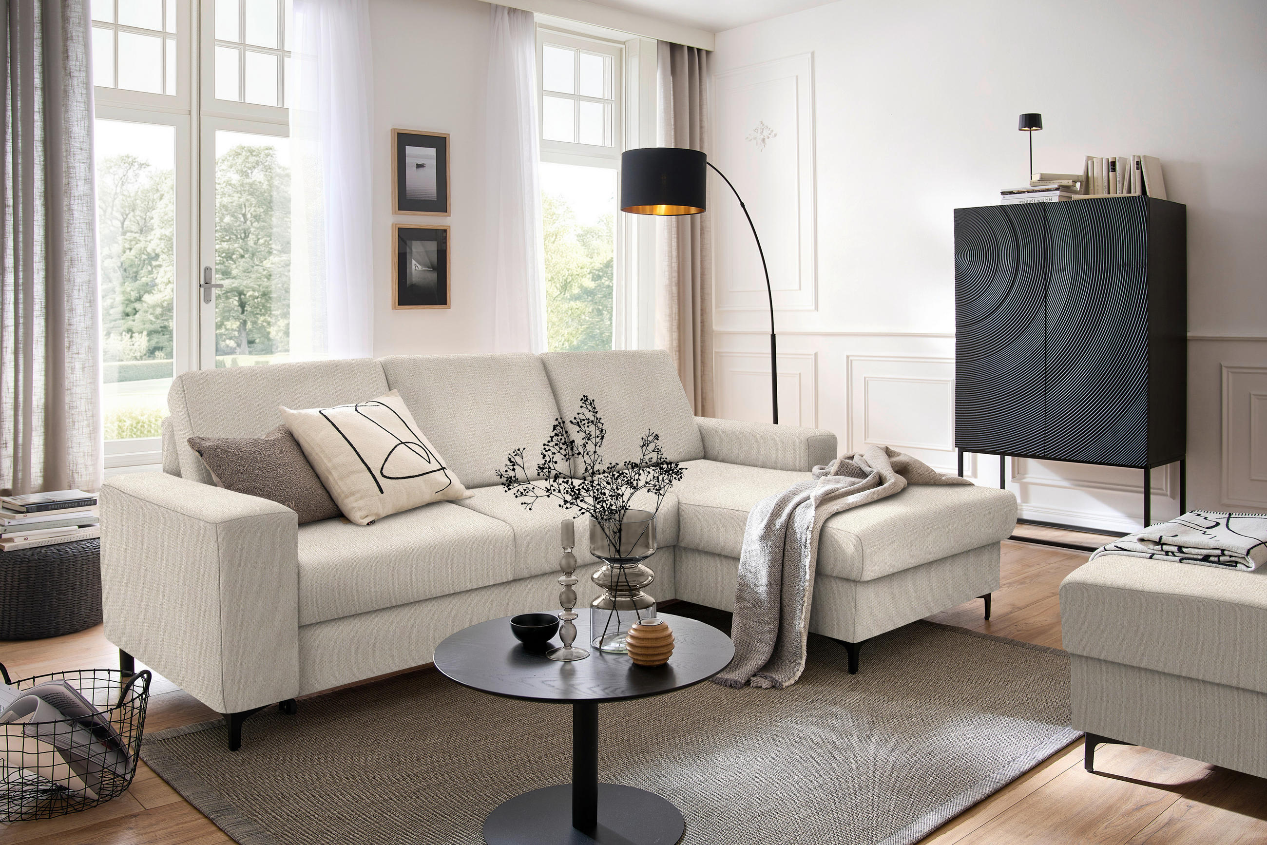 ECKSOFA in Webstoff Beige  - Beige/Schwarz, KONVENTIONELL, Textil/Metall (247/167cm) - Stylife