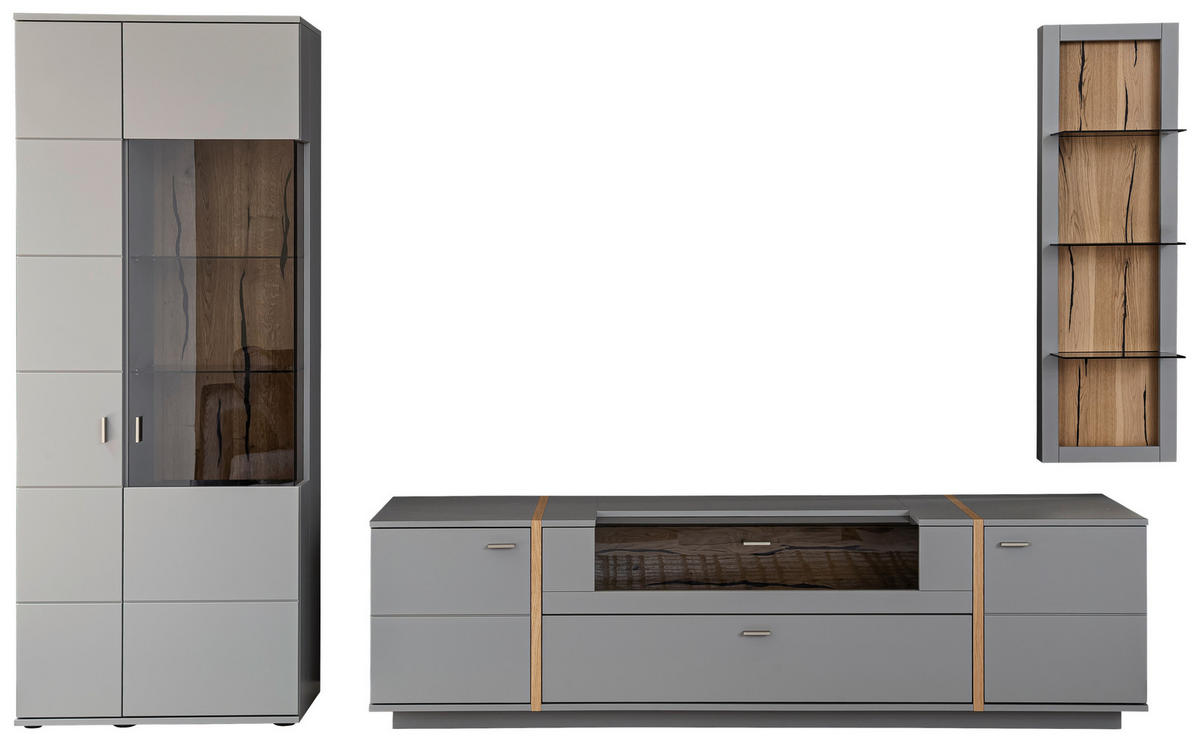 REGAL ZA DNEVNI BORAVAK siva, boje hrasta   - siva/boje hrasta, Design, staklo/drvni materijal (326/207/50cm) - MID.YOU