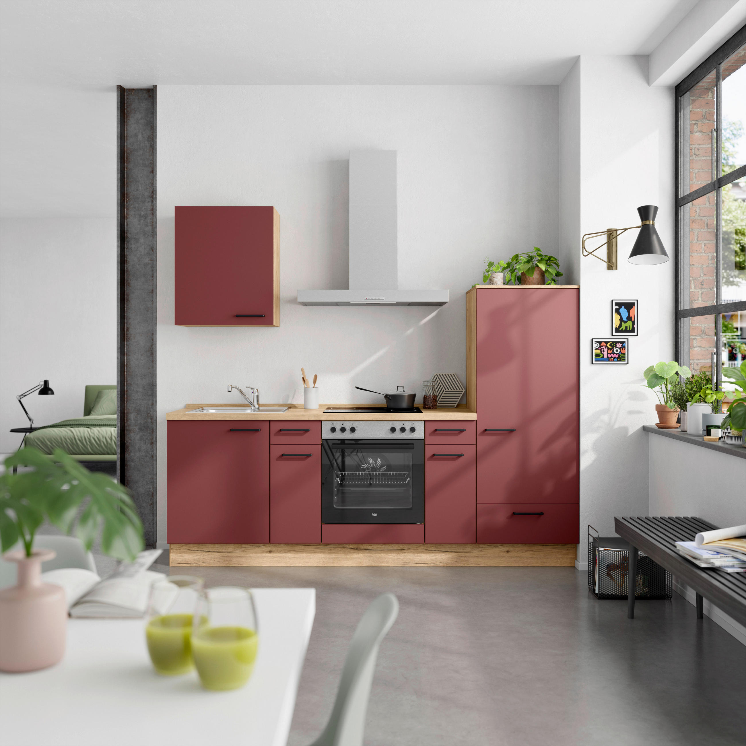 KÜCHENBLOCK Easytouch 240 cm  in Eichefarben, Dunkelrot  - Eichefarben/Schwarz, MODERN, Holzwerkstoff/Metall (240cm) - Nobilia