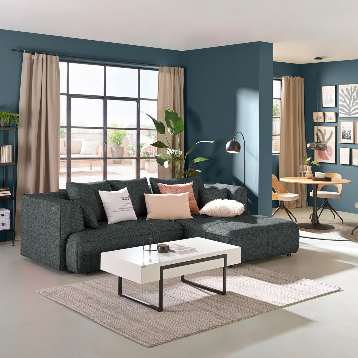 ECKSOFA Webstoff Dunkelgrau  - Dunkelgrau/Schwarz, Design, Kunststoff/Textil (288/188cm) - Welnova