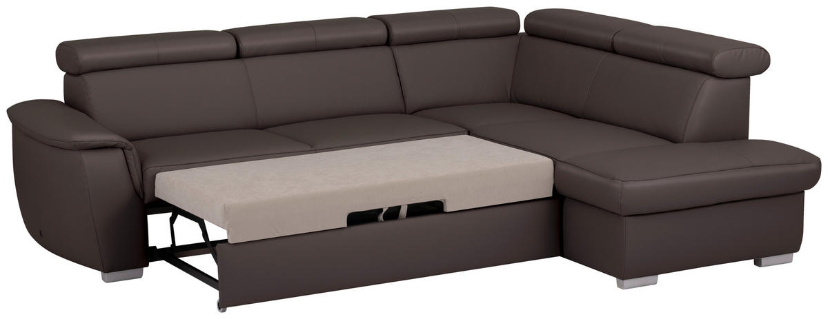 ECKSOFA  in Lederlook Echtleder Dunkelbraun  - Dunkelbraun/Silberfarben, Leder/Holz (262/211cm) - Celina Home