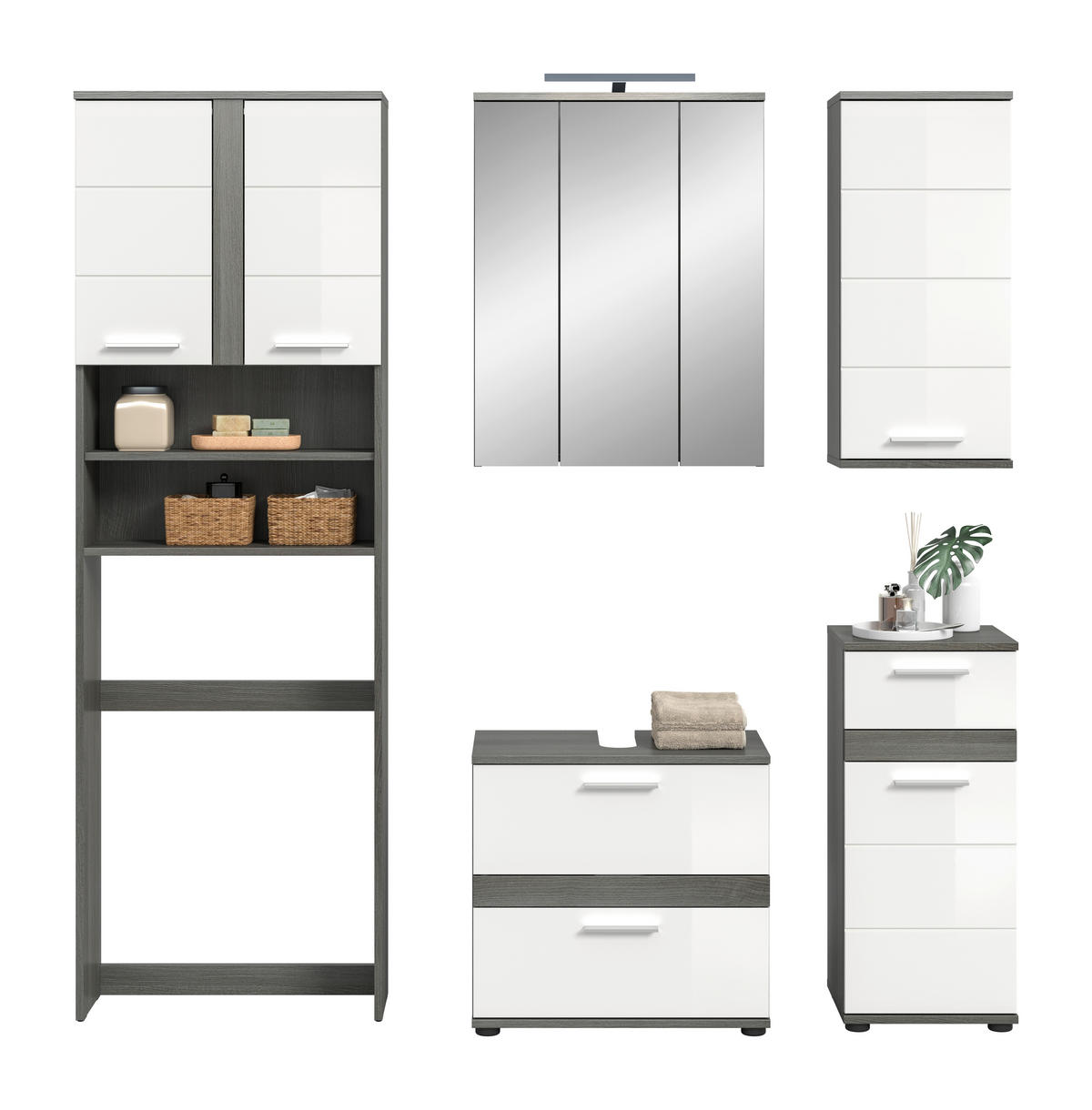 BADEZIMMER 6-teilig  in 188 cm  - Weiß Hochglanz/Silberfarben, Trend, Glas/Holzwerkstoff (188cm) - MID.YOU