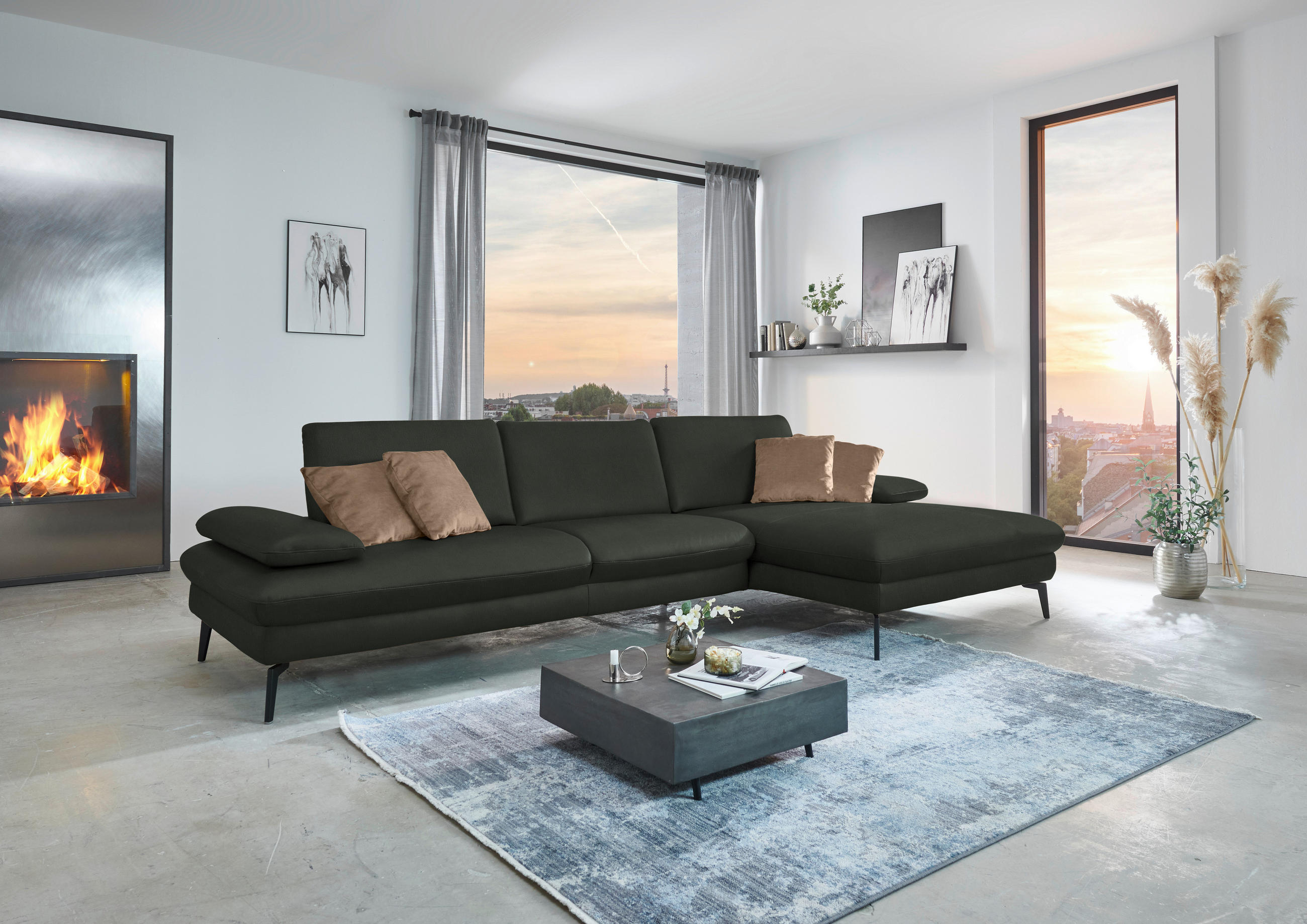 ECKSOFA in Echtleder Dunkelgrün  - Dunkelgrün/Schwarz, Design, Leder/Metall (325/157cm) - Dieter Knoll