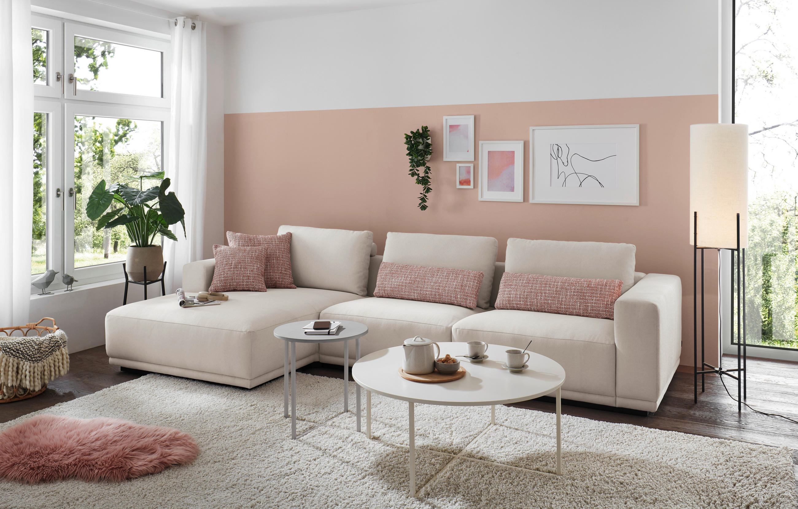 ECKSOFA Ottomane links, Eckteil  Weiß Chenille  - Schwarz/Weiß, Design, Kunststoff/Textil (166/316cm) - Musterring