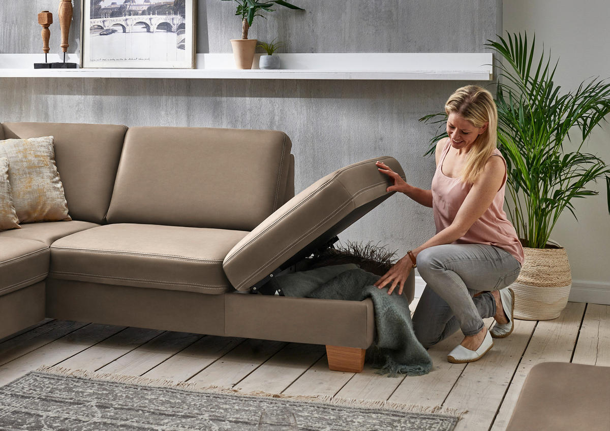 ECKSOFA  in Echtleder Greige  274/235 cm  - Greige/Eichefarben, KONVENTIONELL, Leder/Holzwerkstoff (274/235cm) - Beldomo Premium