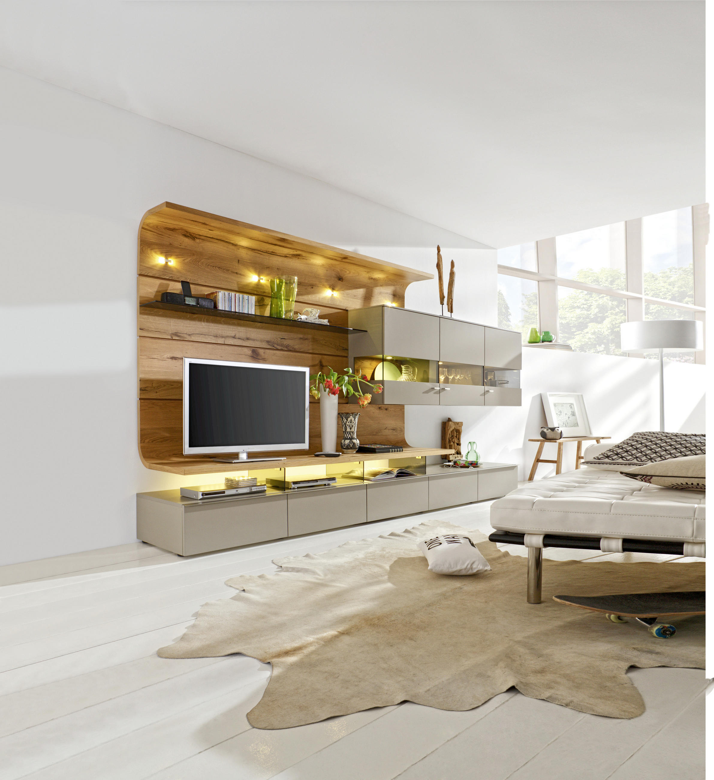 WOHNWAND Balkeneiche furniert, Hartholz Eichefarben, Fango - Fango/Edelstahlfarben, Design, Glas/Holz (357,5/186,8/55,7cm) - Moderano