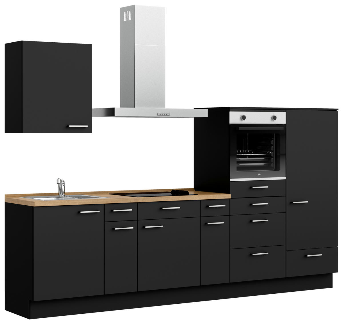 KÜCHENBLOCK 300 cm   in Schwarz, Eichefarben  - Edelstahlfarben/Eichefarben, MODERN, Holzwerkstoff/Metall (300cm) - Nobilia