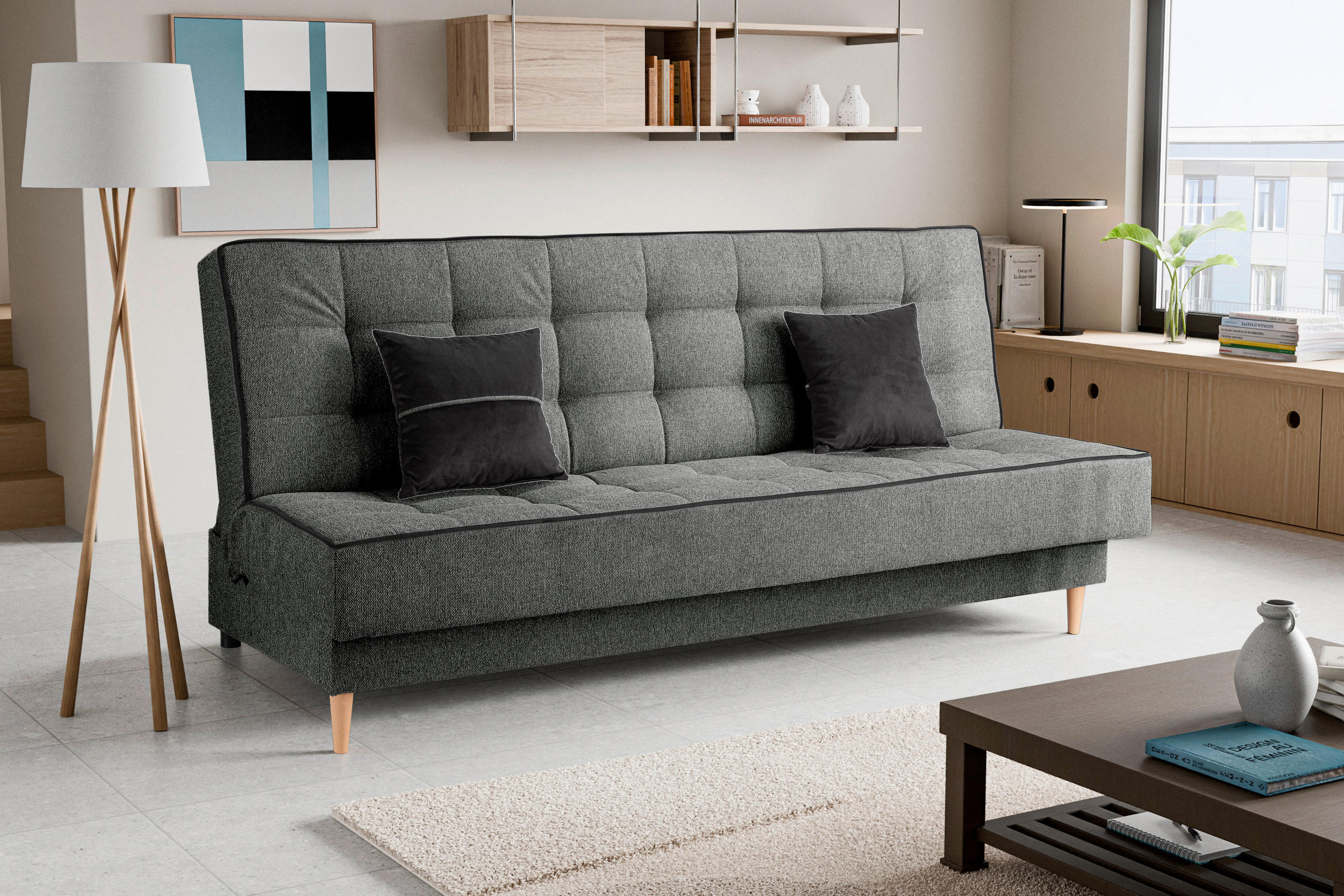 SCHLAFSOFA BONO  mit Liegefunktion Struktur Grau  - Hellbraun/Schwarz, Basics, Holz/Textil (199/91/91cm) - MID.YOU