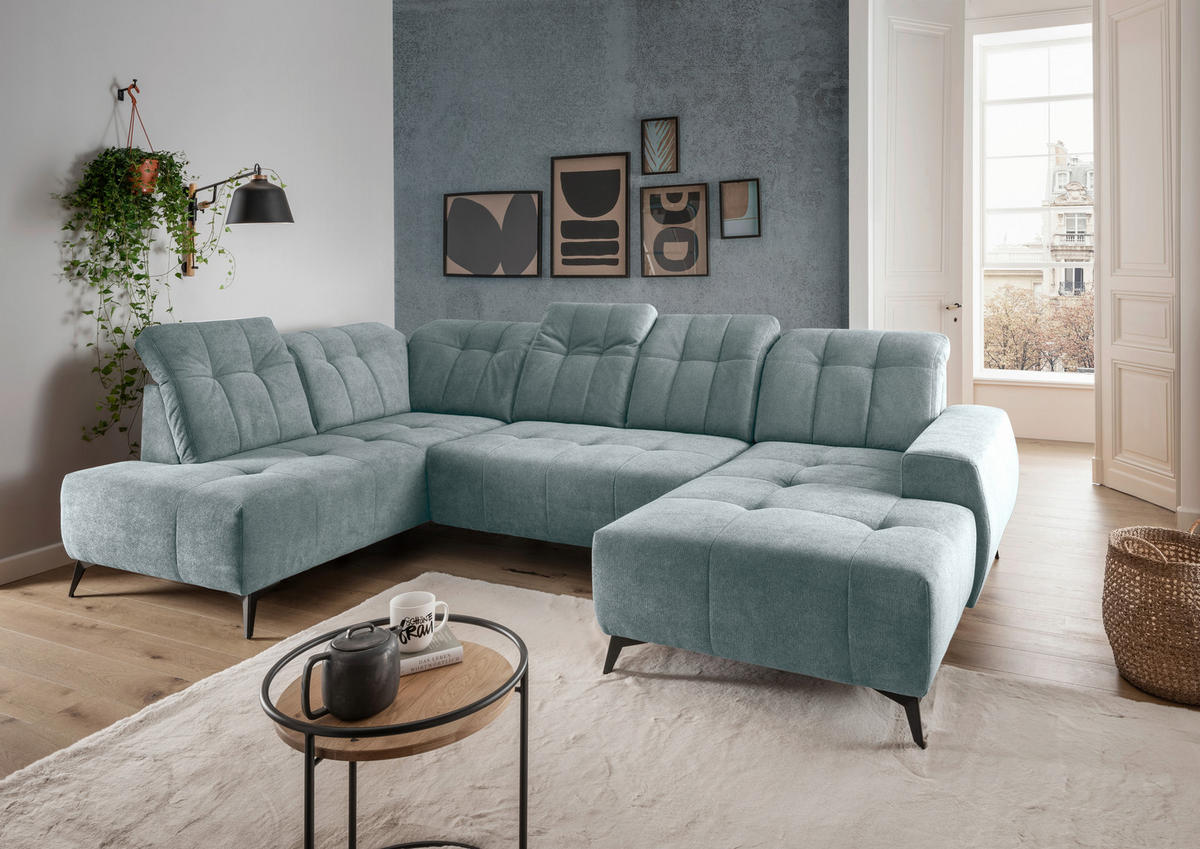 WOHNLANDSCHAFT SANO in Chenille Mintgrau  - Mintgrau/Schwarz, MODERN, Textil/Metall (200/337/180cm) - Livetastic