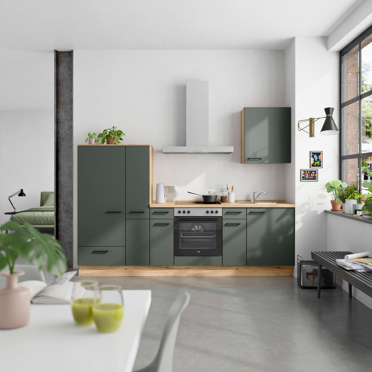 KÜCHENBLOCK 270 cm   in Eichefarben, Dunkelgrün  - Dunkelgrün/Eichefarben, MODERN, Holzwerkstoff/Metall (270cm) - Nobilia