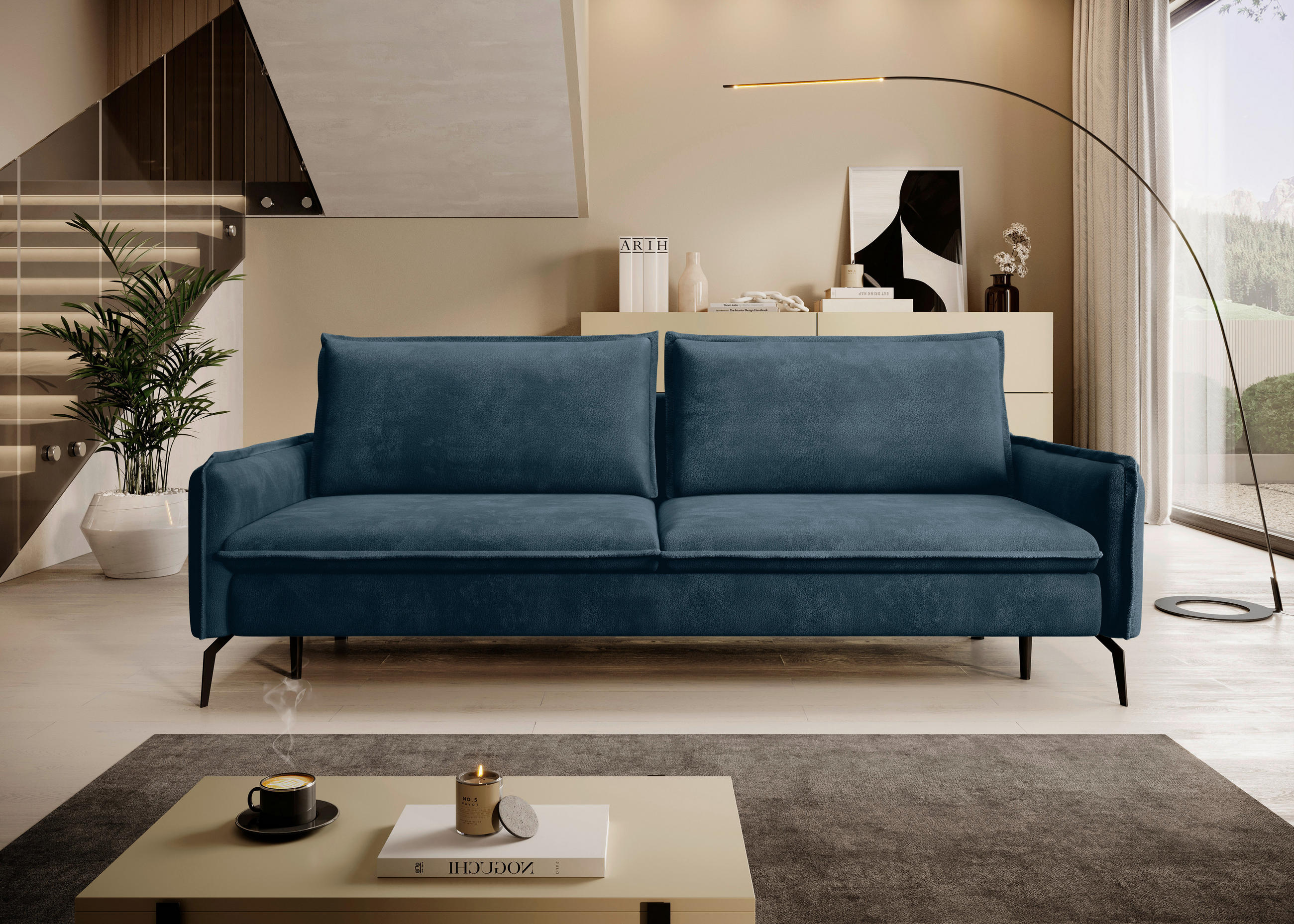 SCHLAFSOFA Chenille Blau  - Blau/Schwarz, KONVENTIONELL, Textil/Metall (223/89/107cm) - Carryhome