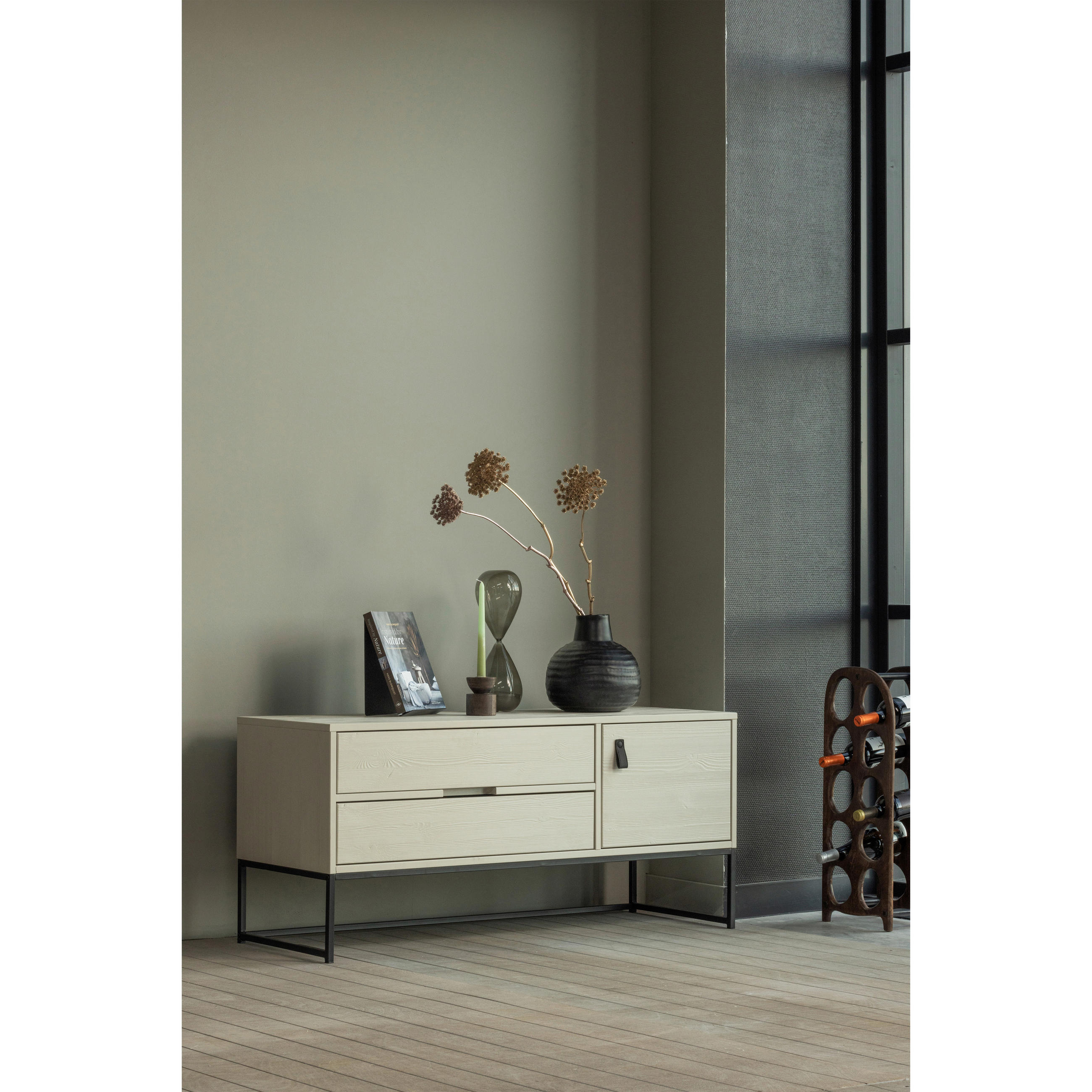LOWBOARD Silas  in 120/55/44 cm  - Hellgrau/Schwarz, Design, Leder/Holz (120/55/44cm) - Livetastic