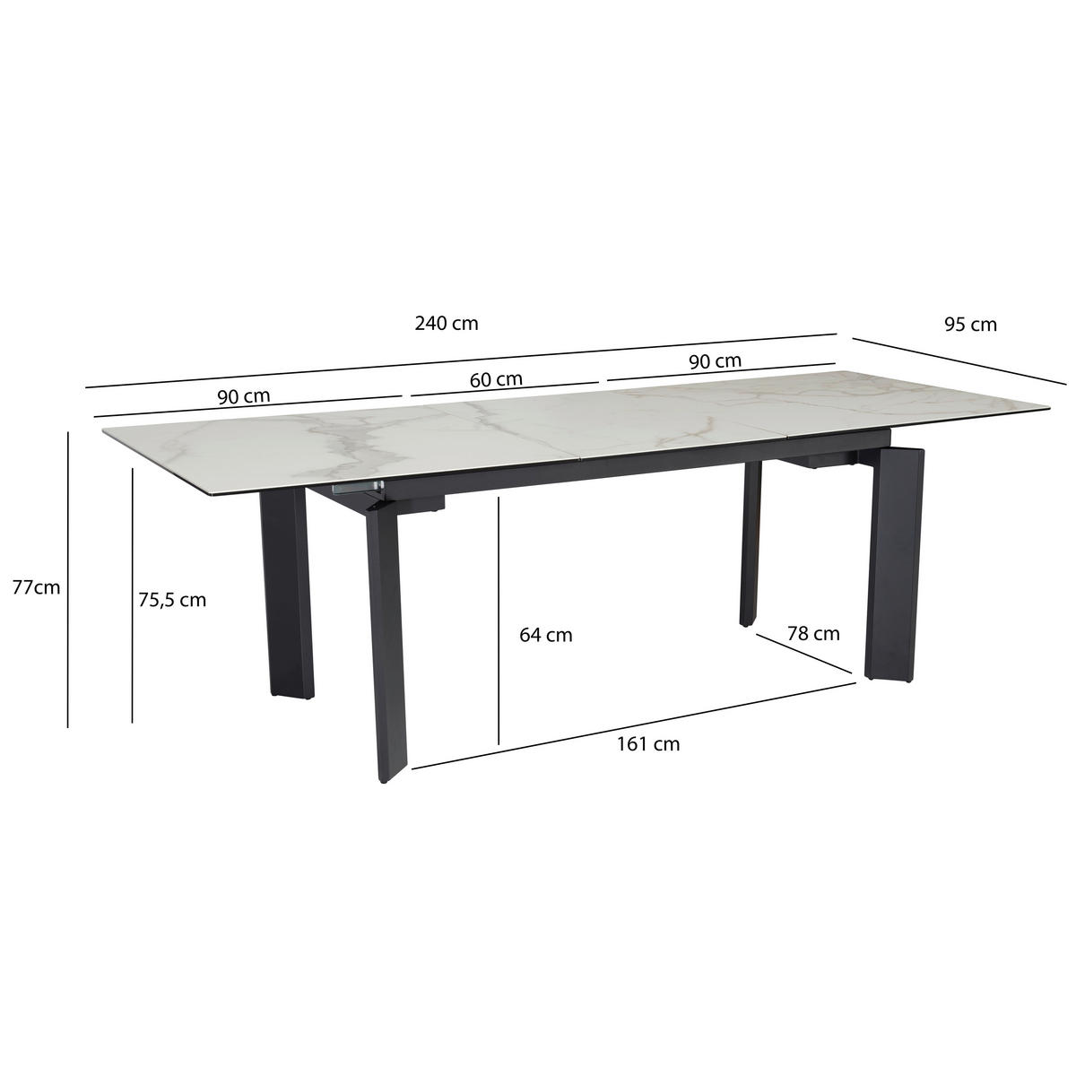 ESSTISCH in Keramik 180/95/77 cm  - Schwarz/Weiß, Design, Keramik/Metall (180/95/77cm) - MID.YOU