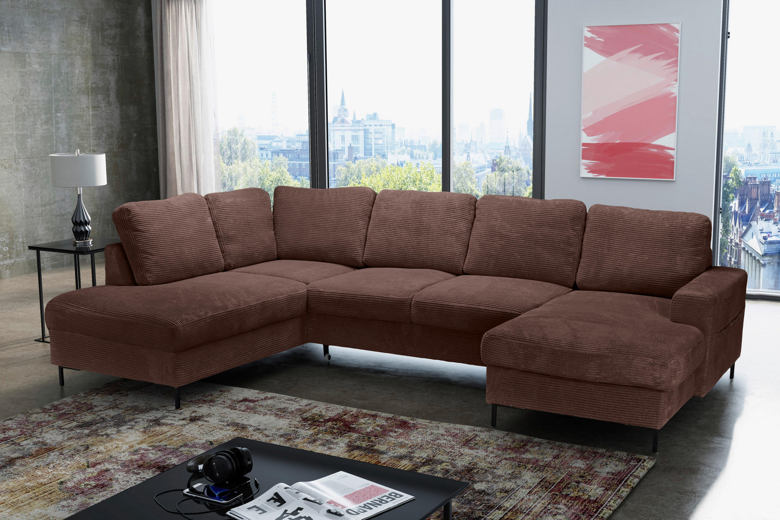 WOHNLANDSCHAFT Dunkelbraun Cord  - Dunkelbraun/Schwarz, KONVENTIONELL, Textil/Metall (197/303/148cm) - Carryhome