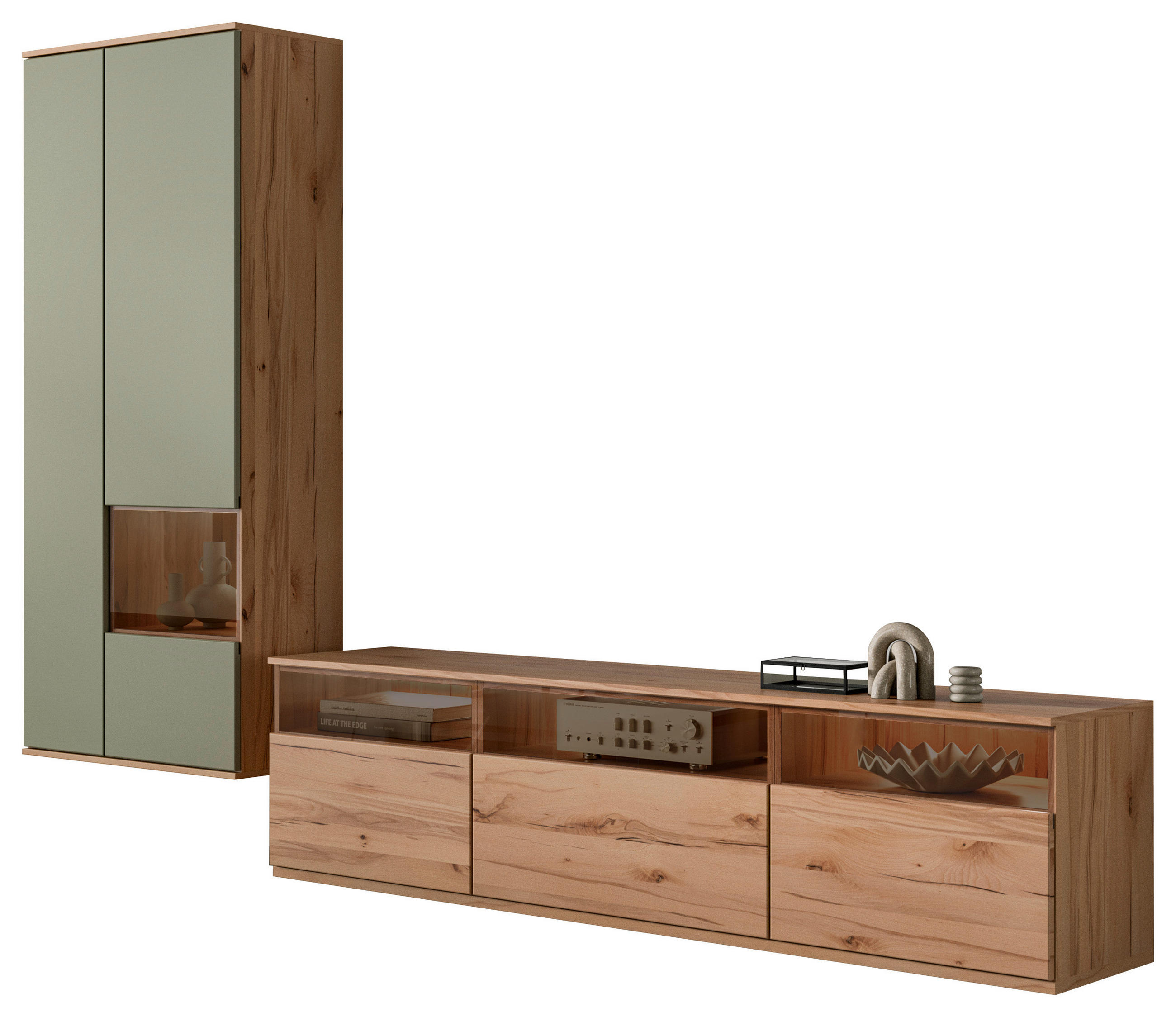 WOHNWAND  in Buchefarben, Schilfgrün  285/215/45 cm  - Schilfgrün/Buchefarben, KONVENTIONELL, Glas/Holzwerkstoff (285/215/45cm) - Venda