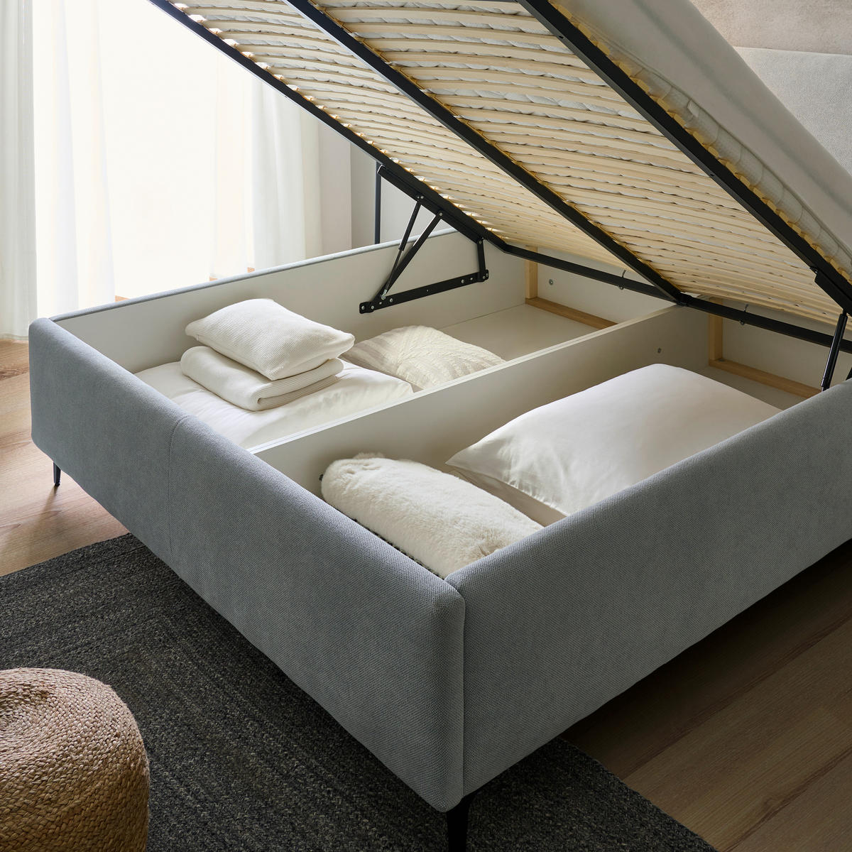 POLSTERBETT Lattenrost, Bettkasten Weißblau 180/200 cm  - Hellbraun/Schwarz, Design, Holz/Textil (180/200cm) - Lomoco