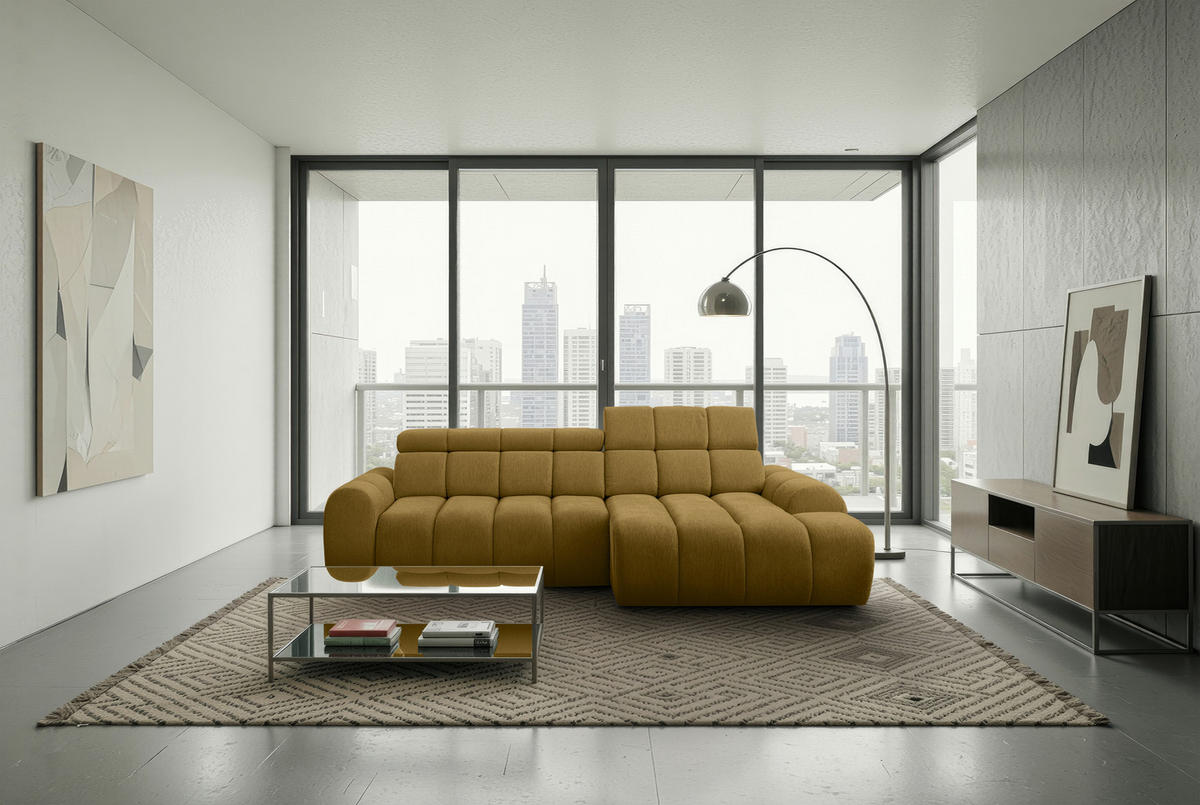 ECKSOFA Gelb Chenille Bettkasten, Rücken echt, Kopfteilverstellung, Sitzvorzug  - Gelb/Schwarz, Design, Kunststoff/Textil (290/152cm) - Stylife