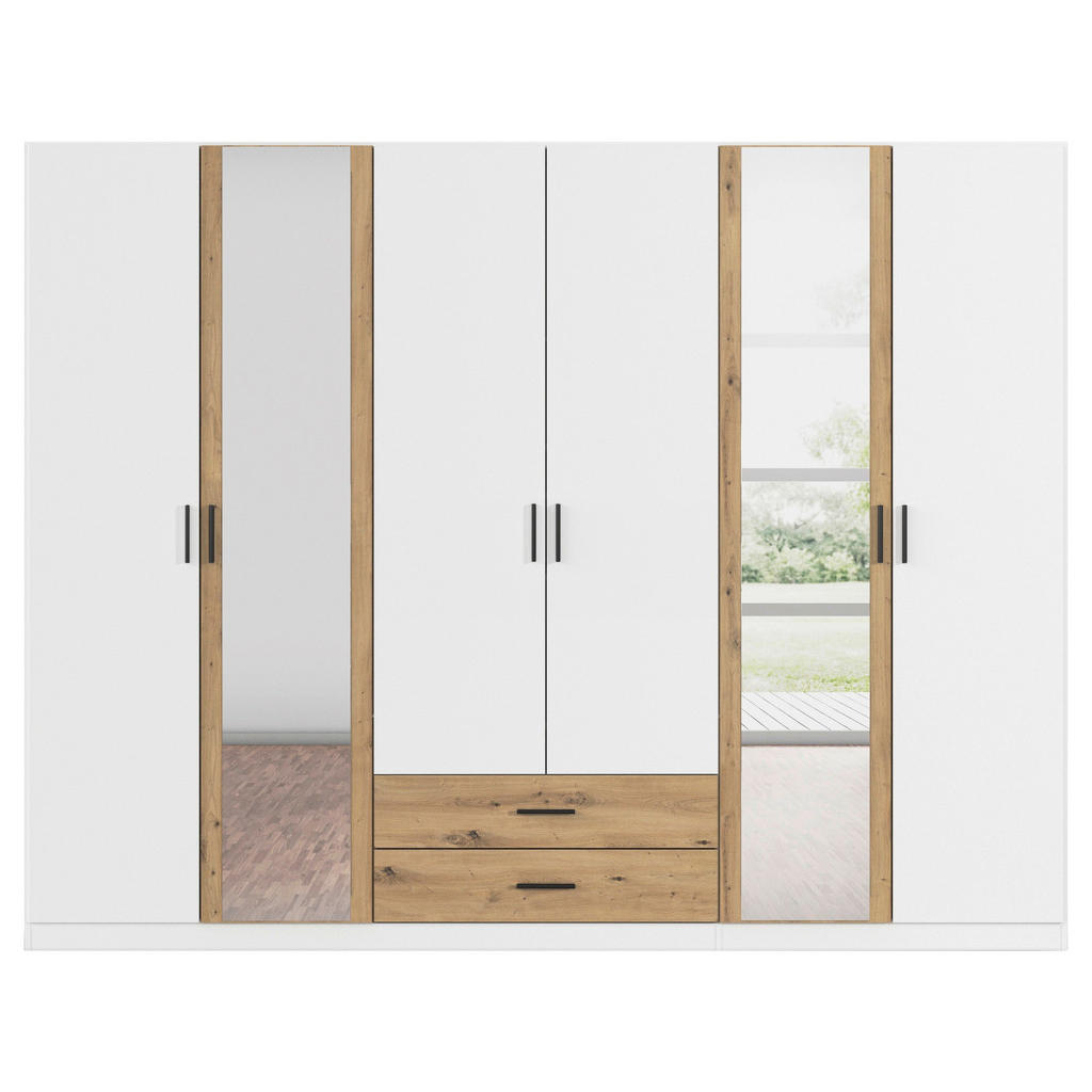 Thumbnail - Rauch Möbel Kleiderschrank, Weiß, Eiche Artisan, Kunststoff, 3 Fächer, 2 Schubladen, 271x210x54 cm, Blauer Engel, Golden...