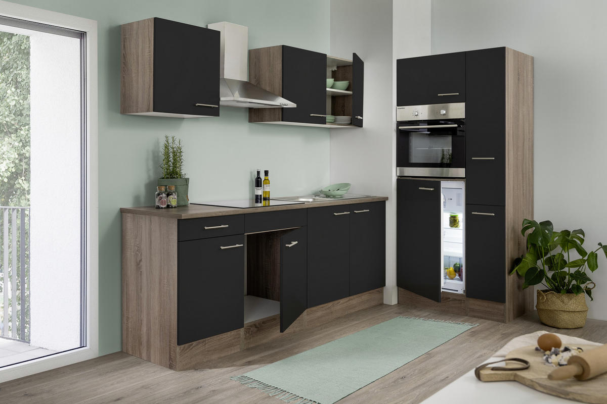 KÜCHENBLOCK 300 cm   in Schwarz, Eichefarben  - Edelstahlfarben/Eichefarben, Design, Holzwerkstoff/Metall (300cm) - Respekta