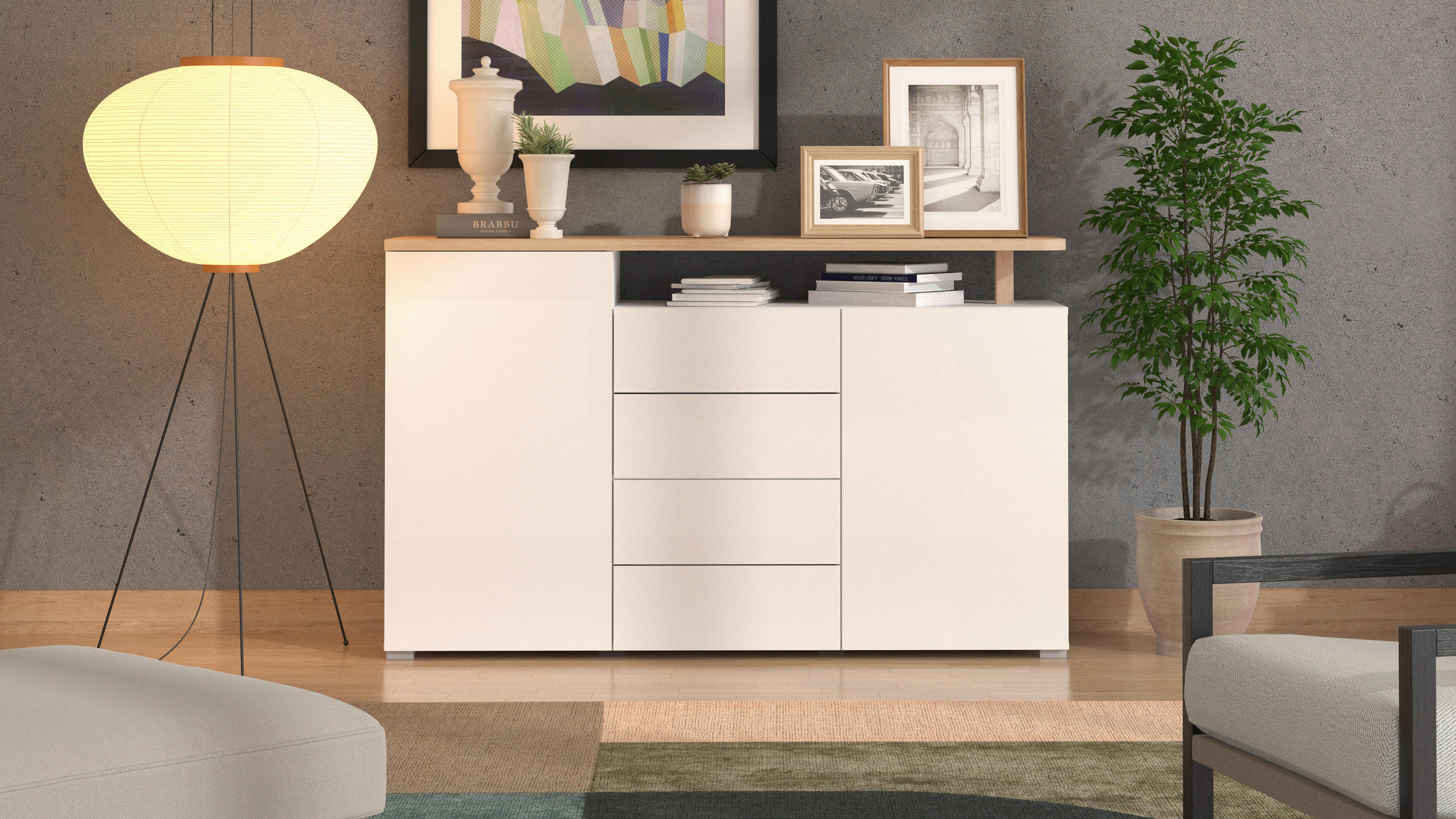 Thumbnail - Carryhome Sideboard, Weiß, Eiche Artisan, Holzwerkstoff, 3 Fächer, 4 Schublade(n) Schubladen, 154x94x40 cm, Typenauswahl...