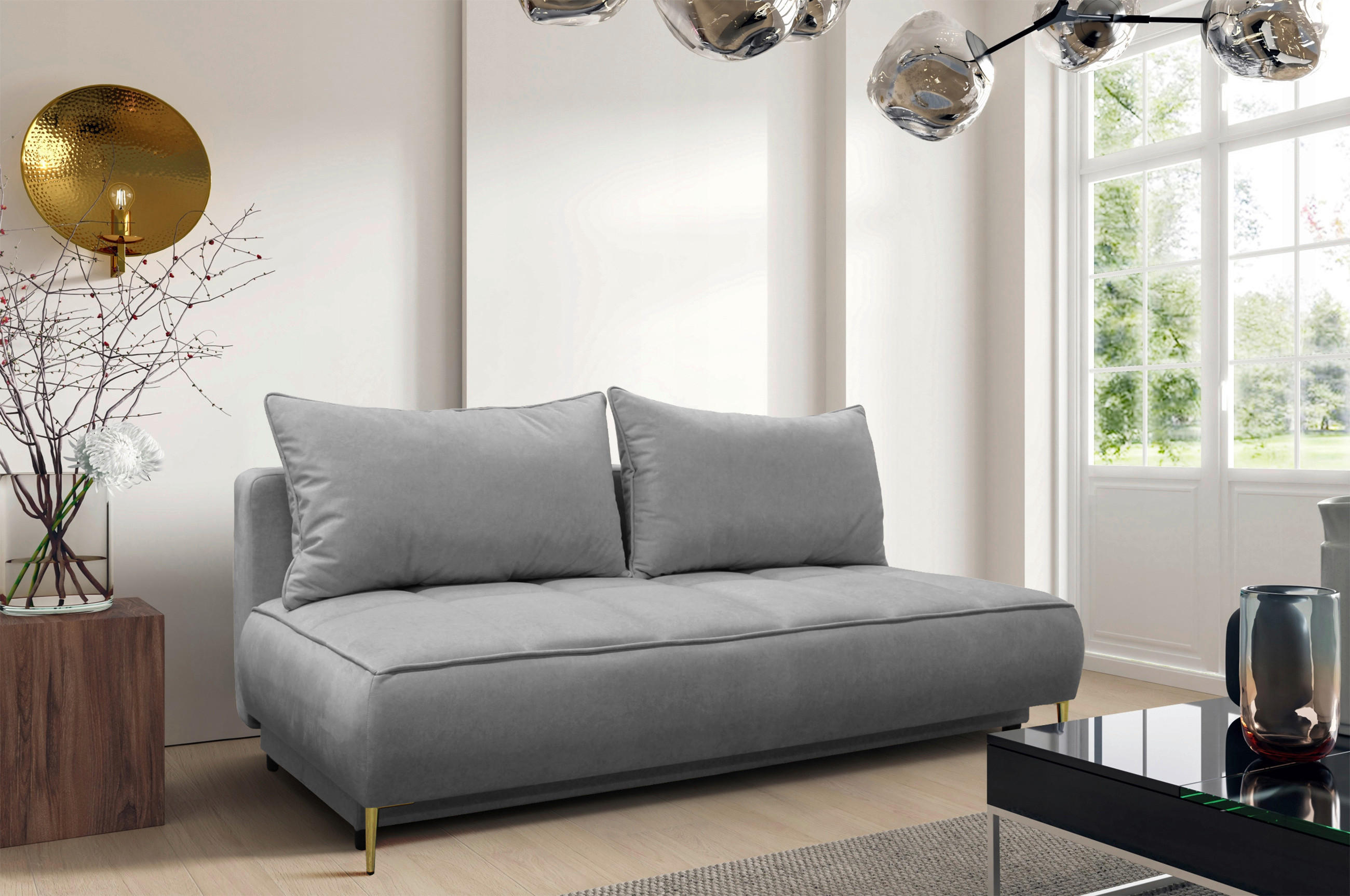 SCHLAFSOFA Velours Hellgrau  inkl. Bettkasten  - Goldfarben/Hellgrau, Design, Textil/Metall (200/90/97cm) - MID.YOU