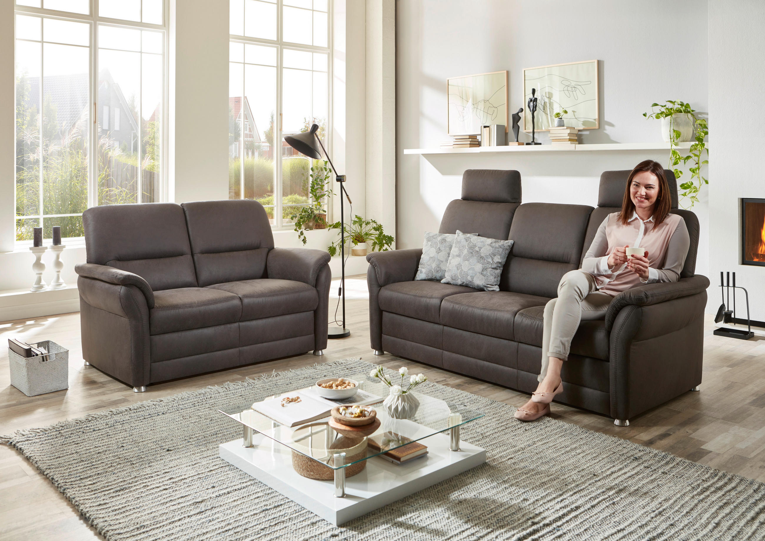SITZGARNITUR in Mikrofaser Anthrazit  - Anthrazit/Alufarben, KONVENTIONELL, Textil/Metall (192/96/89cm) - Beldomo Comfort