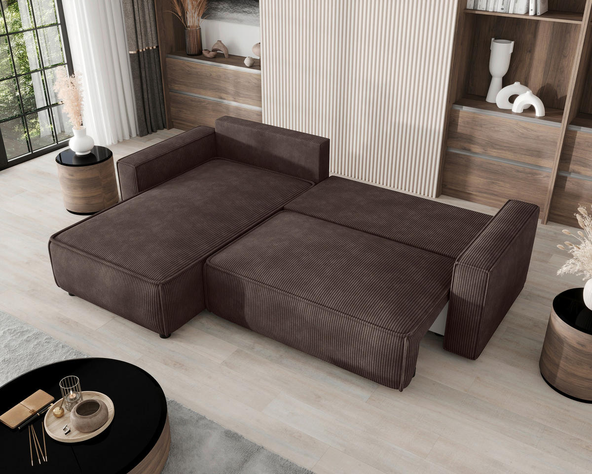 ECKSOFA Braun Cord Zierkissen, Rückenkissen, Bettkasten, Schlaffunktion, Rücken echt, Liegefläche im Originalstoff  - Schwarz/Braun, MODERN, Kunststoff/Textil (190/280cm) - Carryhome