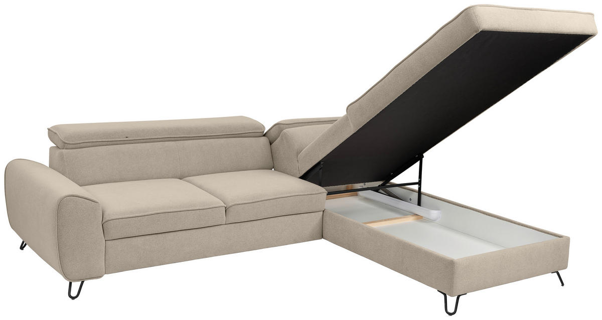 ECKSOFA in Flachgewebe Beige  - Beige/Schwarz, Design, Textil/Metall (250/200cm) - Stylife