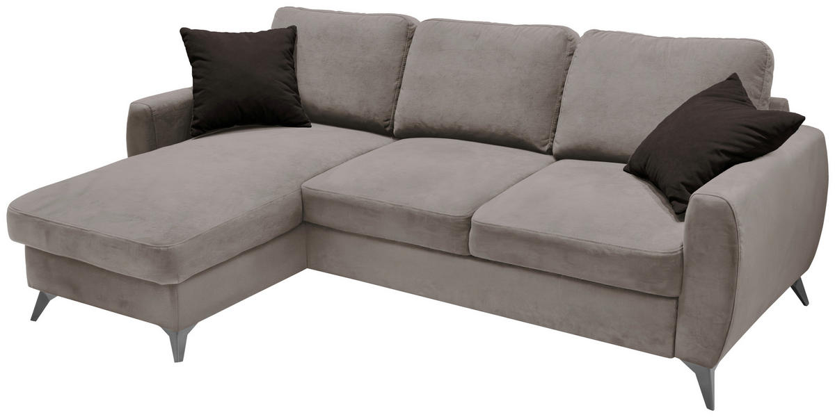 ECKSCHLAFSOFA JEFFREY Mikrovelours Taupe  inkl. Zierkissen, Rückenkissen, Stauraum  - Taupe/Schwarz, KONVENTIONELL, Textil/Metall (230/150cm) - Livetastic