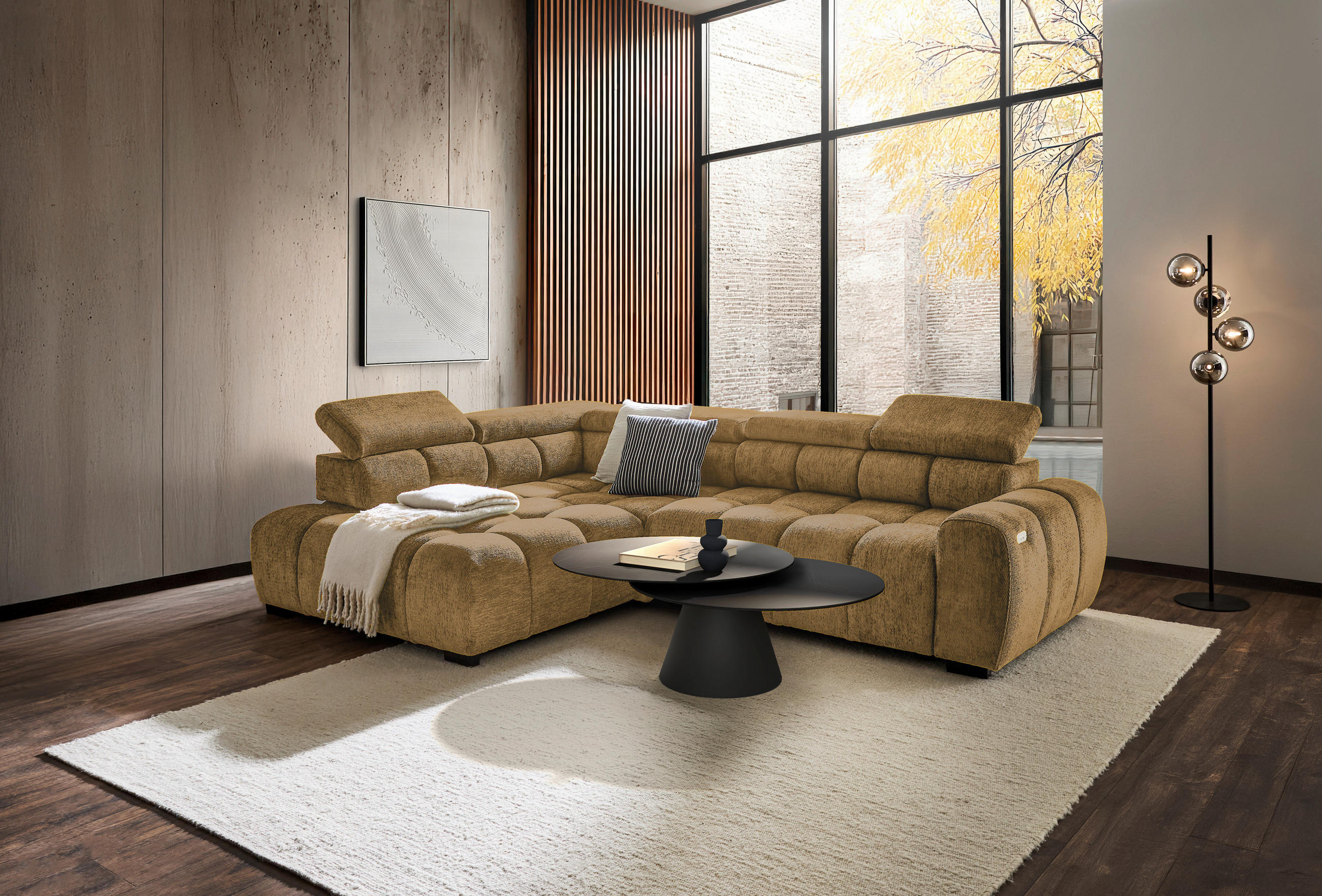 ECKSOFA inkl. Funktionen Senfgelb Webstoff  - Senfgelb/Schwarz, MODERN, Kunststoff/Textil (205/297cm) - Welnova
