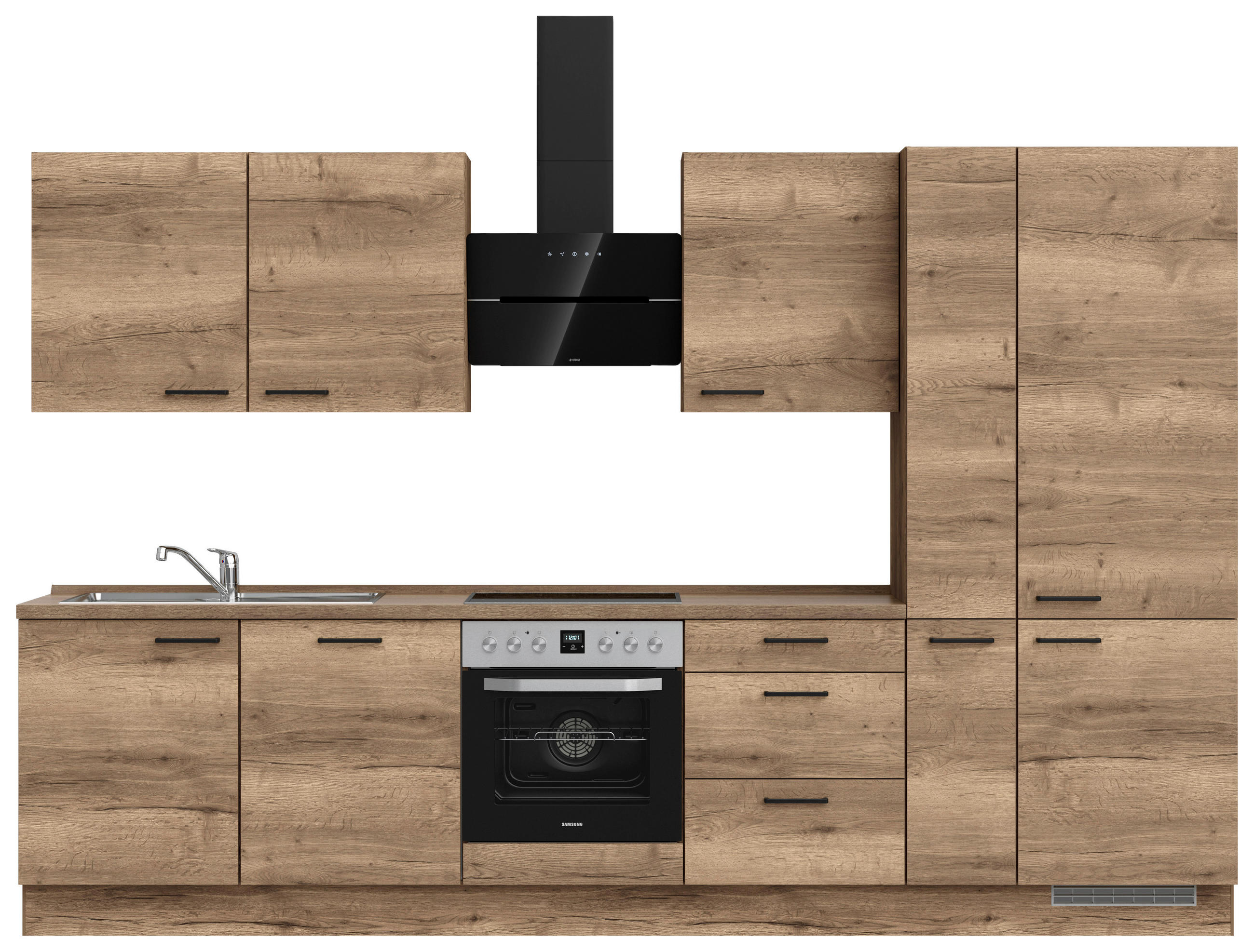 BUCĂTĂRIE FĂRĂ ELECTROCASNICE  - stejar închis la culoare/negru, Modern, metal/material pe bază de lemn (330cm) - Nobilia