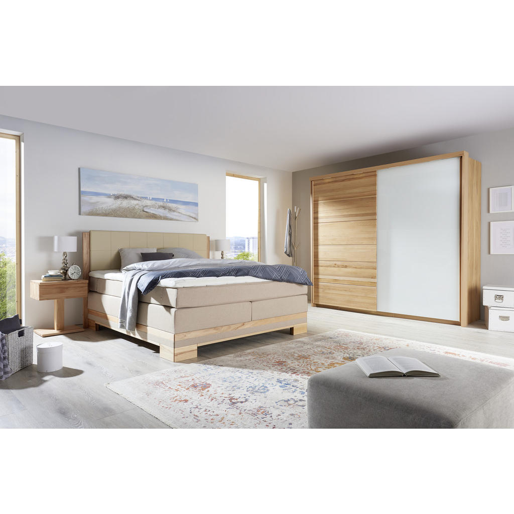 Thumbnail - Linea Natura Boxspringbett, Buche, Beige, Textil, Kernbuche, massiv, H2 + H3, 7-Zonen, Höhe ca. 18 cm, 160x200 cm, gepol...