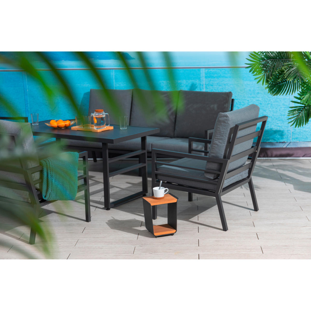 DINING-LOUNGESET 5-teilig  - Anthrazit/Grau, MODERN, Textil/Metall - Gardenson