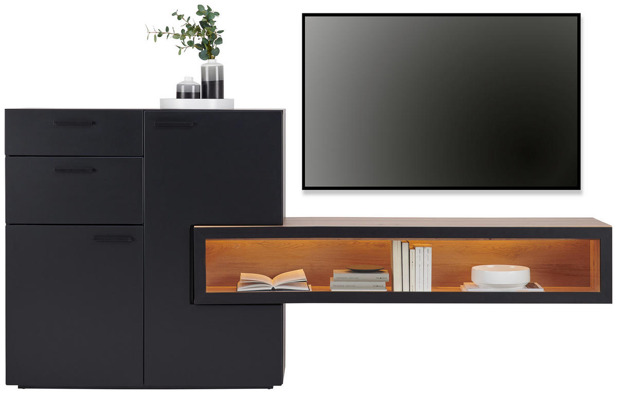 WOHNWAND  in Schwarz, Eichefarben  240/180/38 cm  - Eichefarben/Schwarz, Design, Glas/Holzwerkstoff (240/180/38cm) - MID.YOU