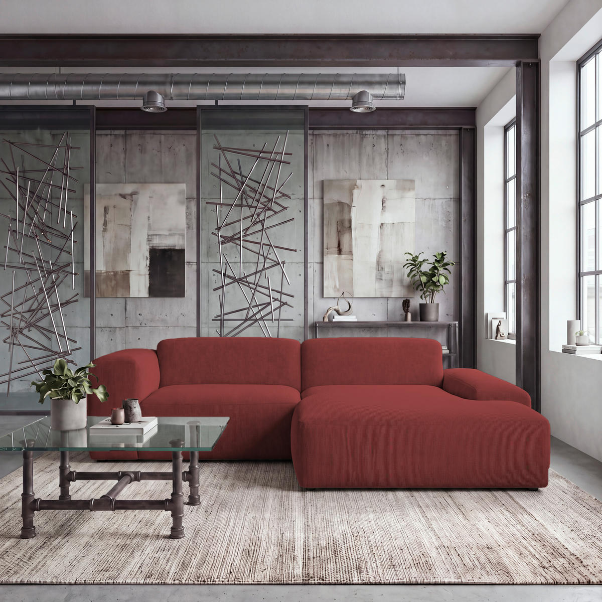 ECKSOFA 252/170 cm HANNAH in Cord Rot  252/170 cm  - Rot/Schwarz, Design, Kunststoff/Textil (252/170cm) - MID.YOU