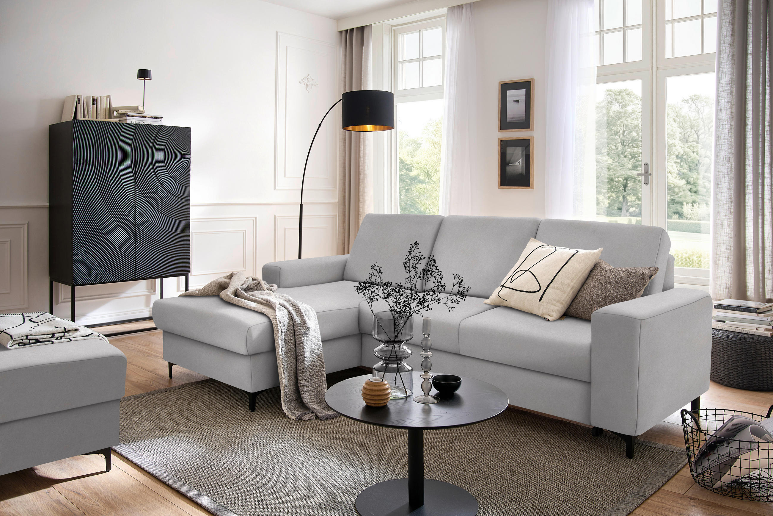 ECKSOFA in Velours Hellgrau  - Hellgrau/Schwarz, Konventionell, Textil/Metall (167/247cm) - Stylife