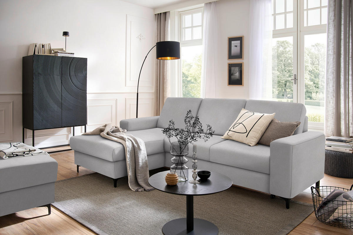 ECKSOFA in Velours Hellgrau  - Hellgrau/Schwarz, KONVENTIONELL, Textil/Metall (167/247cm) - Stylife